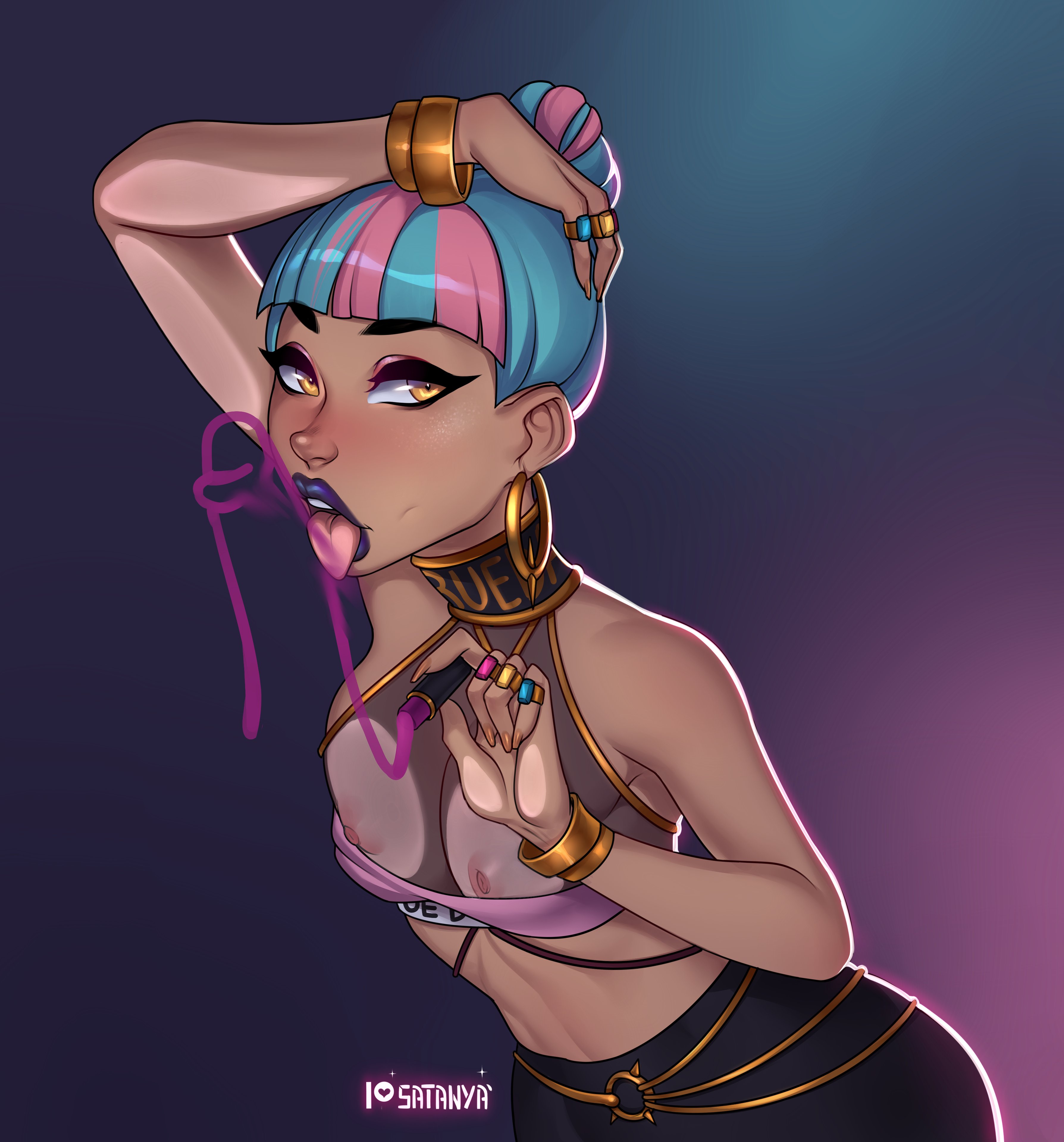 1girls, accidental exposure, areola slip, blue hair, breasts, brown skin, brown-skinned female, choker, dark skin, dark-skinned female, exposed, exposed breasts, female, league of legends, lipstick, looking at viewer, magenta lipstick, multicolored hair, nipple slip, pink lipstick, purple lipstick, qiyana yunalai, riot games, satanya, small breasts, solo, straight hair, tongue, tongue out, true damage qiyana, true damage series, wardrobe malfunction, yellow eyes