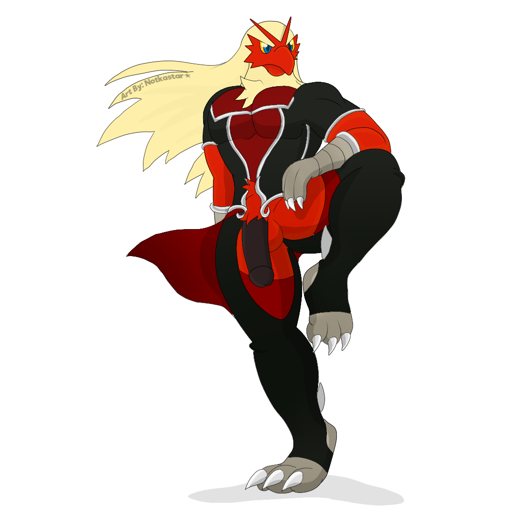 1:1 alpha_channel anthro avian bird blaziken blue_eyes chaps claws clothing genitals hair legging long_hair male muscular muscular_anthro muscular_male nintendo notkastar penis pokemon pokemon_(species) signature solo video_games