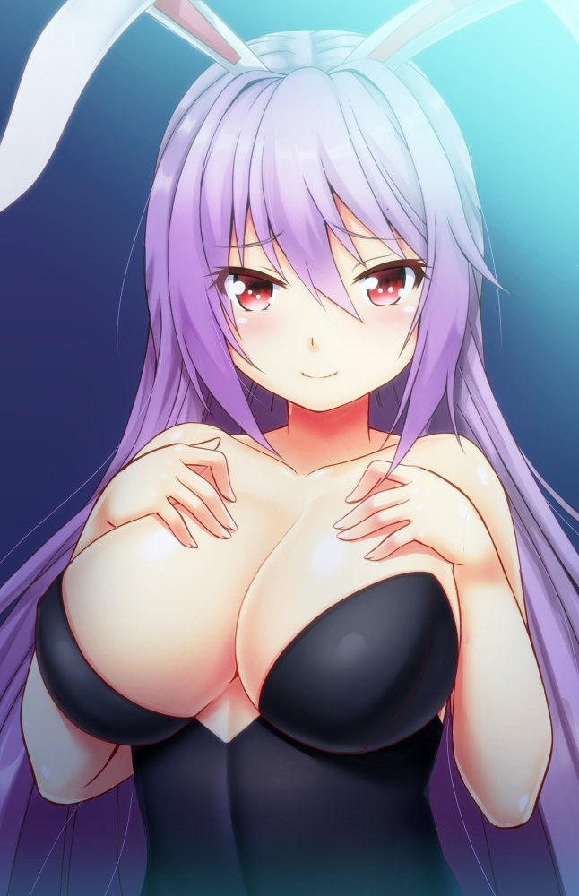 alternate_costume animal_ears bare_shoulders breasts bunny_ears cleavage ebi_193 female large_breasts long_hair playboy_bunny purple_hair red_eyes reisen_udongein_inaba smile solo touhou upper_body