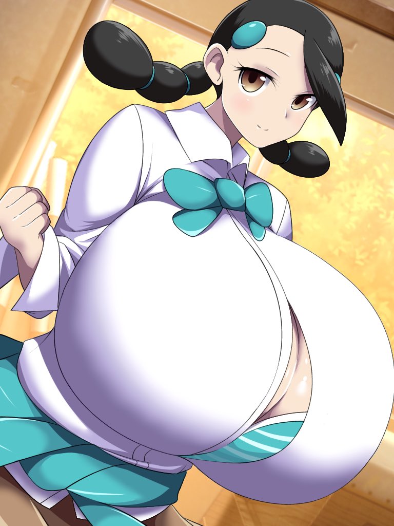 1girls, alternate breast size, alternate version at source, alternate version available, big breasts, black hair, blue bra, blush, bra, breasts, brown eyes, candice (pokemon), cleavage, clenched hand, clothed, clothed female, collared shirt, eyelashes, female, female only, gigantic breasts, huge breasts, light skin, light-skinned female, looking at viewer, nintendo, norio (pheromosa times), pale skin, pale-skinned female, pokemon, pokemon dppt, shirt, short hair, smile, solo, solo female, twintails, upper body, white shirt