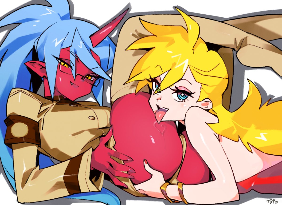 2girls, ass, blonde hair, blue eyes, blue hair, demon, demon girl, female, glasses, horn, horns, interspecies, kneesocks daemon, licking, licking ass, long hair, looking at viewer, optionaltypo, panty & stocking with garterbelt, panty anarchy, pointy ears, red skin, yellow eyes, yuri