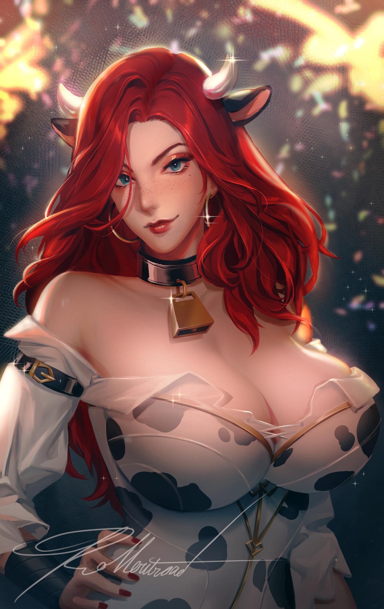 1girls, big breasts, blue eyes, breasts, cow print, cowbell, earrings, fake animal ears, fake horns, female, female only, freckles, league of legends, long hair, looking at viewer, miss fortune, mole, mole under eye, red hair, red lips, red lipstick, roll out road, seductive