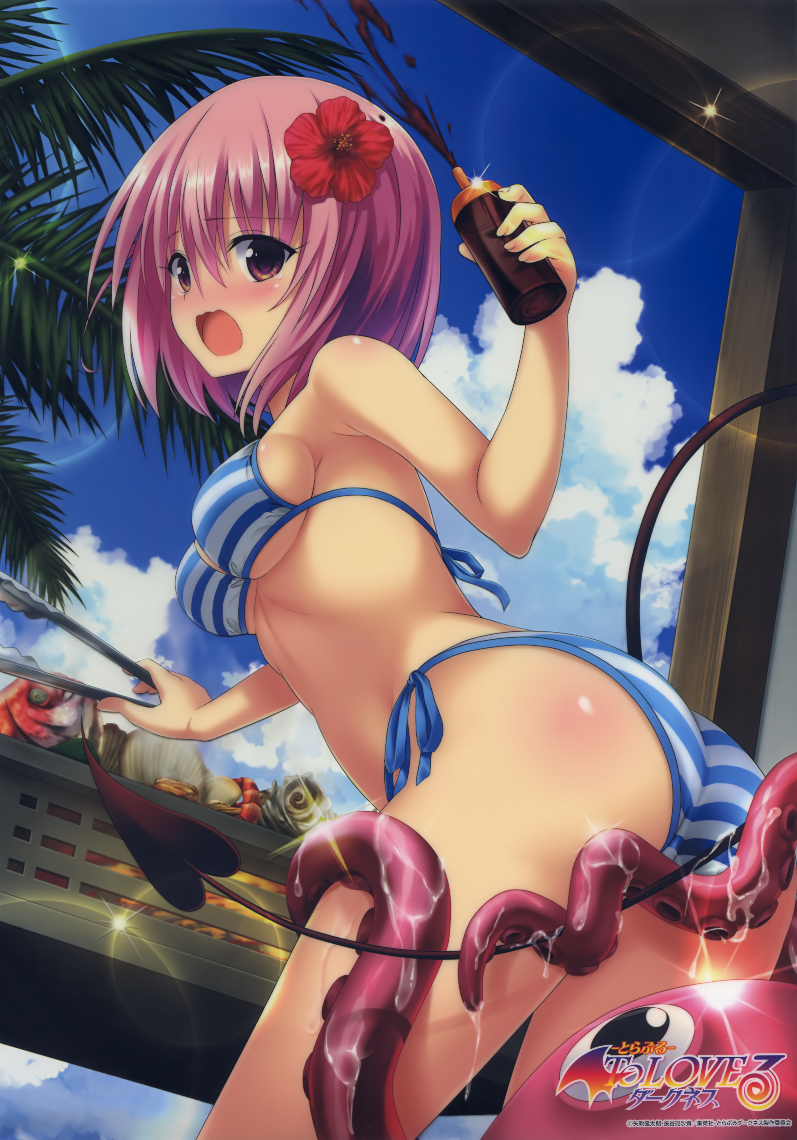 1girls, aroused, ass, beach, bikini, blush, breasts, cooking, devil tail, embarrassed, female, female only, flower, groping, horny, imminent rape, imminent sex, imminent tentacle rape, interspecies, large ass, large breasts, looking back, medium breasts, medium hair, molestation, momo velia deviluke, octopus, official art, open mouth, outdoors, palm tree, pink hair, presenting hindquarters, side-tie bikini, slime, slimy, solo, string bikini, striped bikini, swimsuit, tail, tentacle, thick thighs, thighs, to love-ru, to love-ru darkness, tree, wet, yabuki kentarou, zoophilia