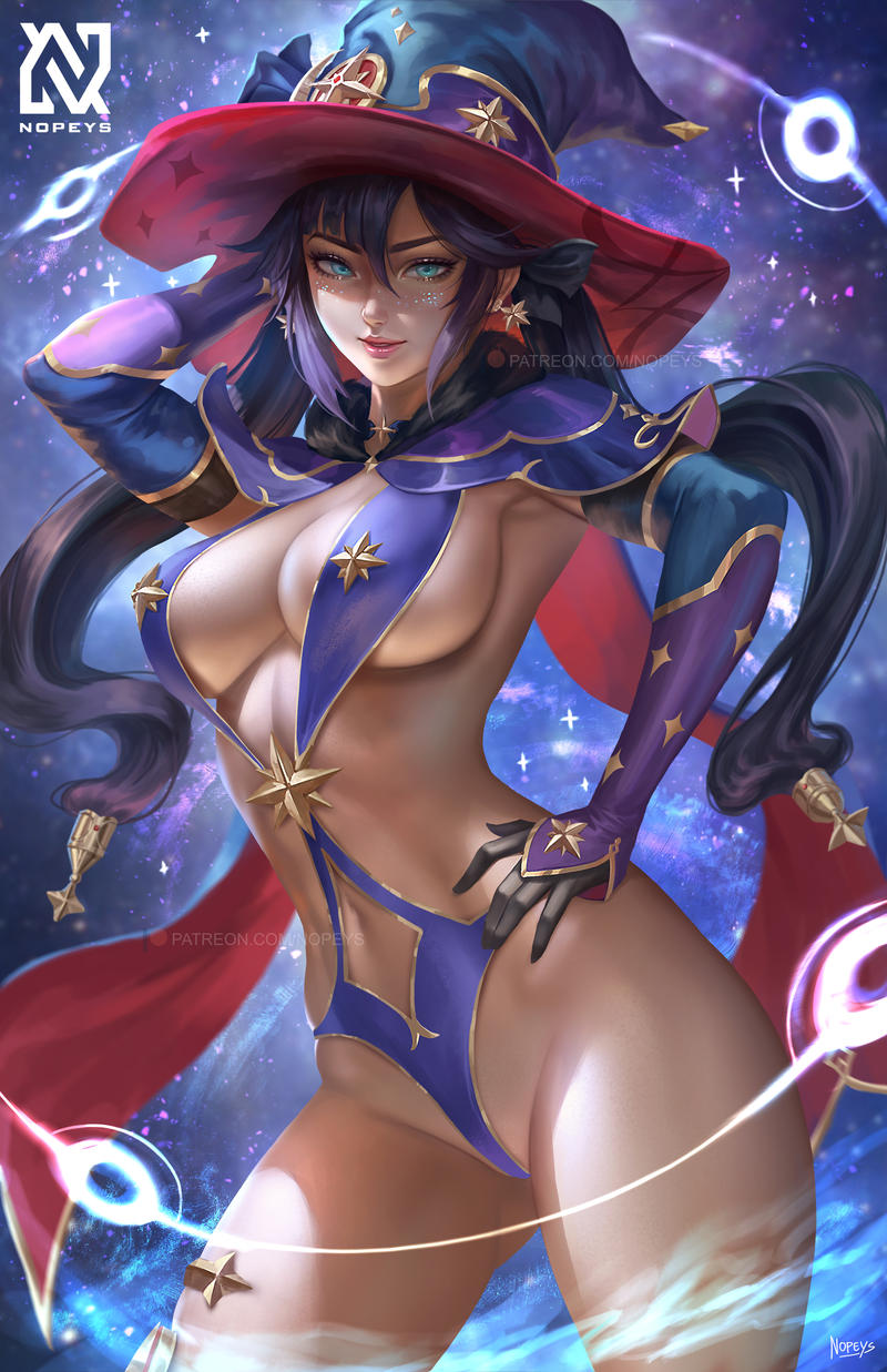 1girls, alternate body type, alternate costume, arm behind head, arm up, armwear, belly, big breasts, breasts, cleavage, covered nipples, eyebrows, eyelashes, female, female focus, female only, genshin impact, hand on hip, hand on own hip, hat, large breasts, long hair, looking at viewer, mona (genshin impact), navel, nopeys, solo, solo focus, standing, stomach, twintails