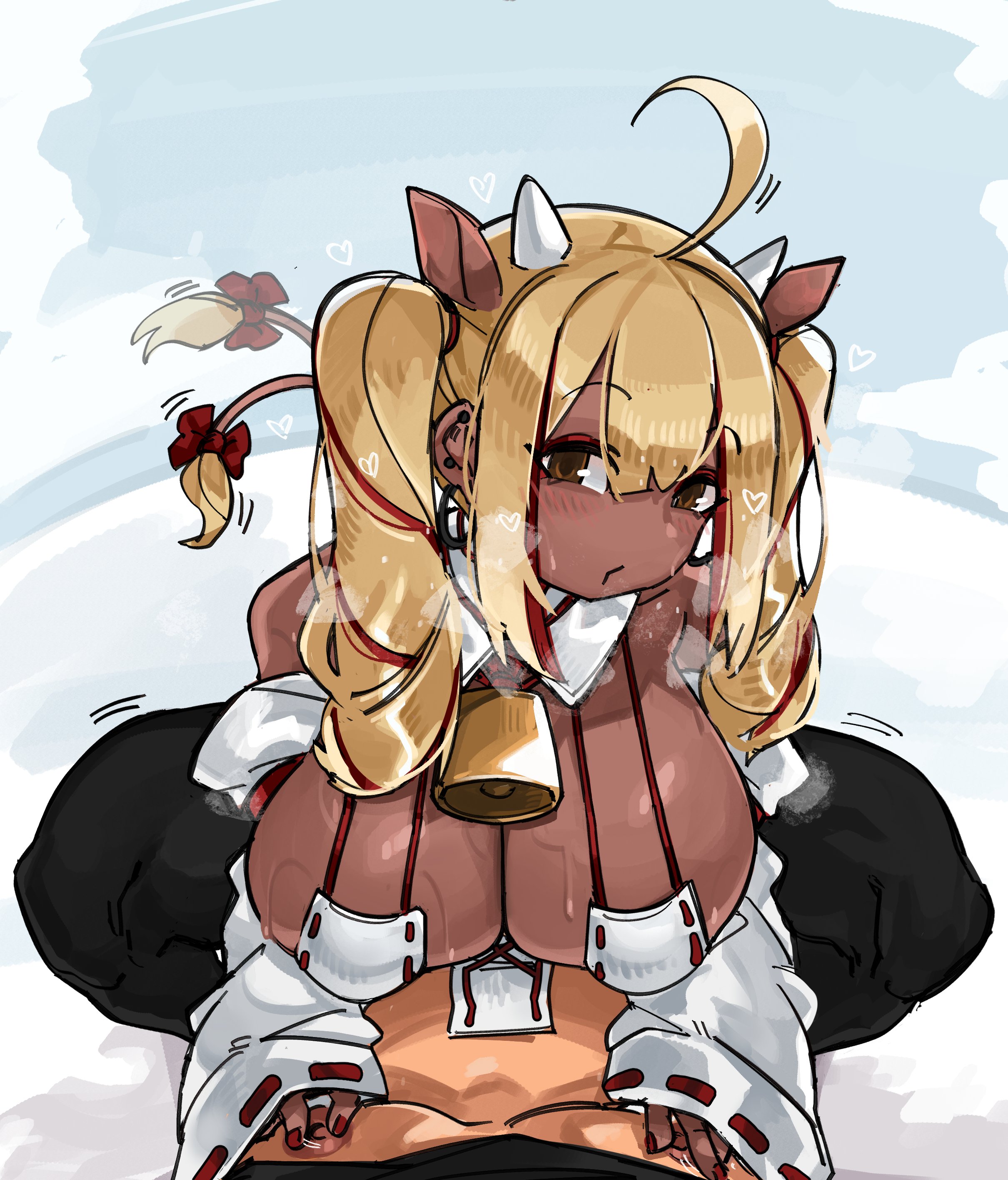 1boy, 1girls, ahoge, blonde hair, blush, breasts, brown eyes, cleavage, clothing, cow ears, cow girl, cow tail, cowbell, dark skin, dark-skinned female, ear piercing, earrings, eyepatch bikini, female, female focus, female on top, heart, horns, long hair, looking at viewer, male, nipple teasing, pov, pov eye contact, steamy breath, tail, tail wagging, twintails, very high resolution, zanamaoria