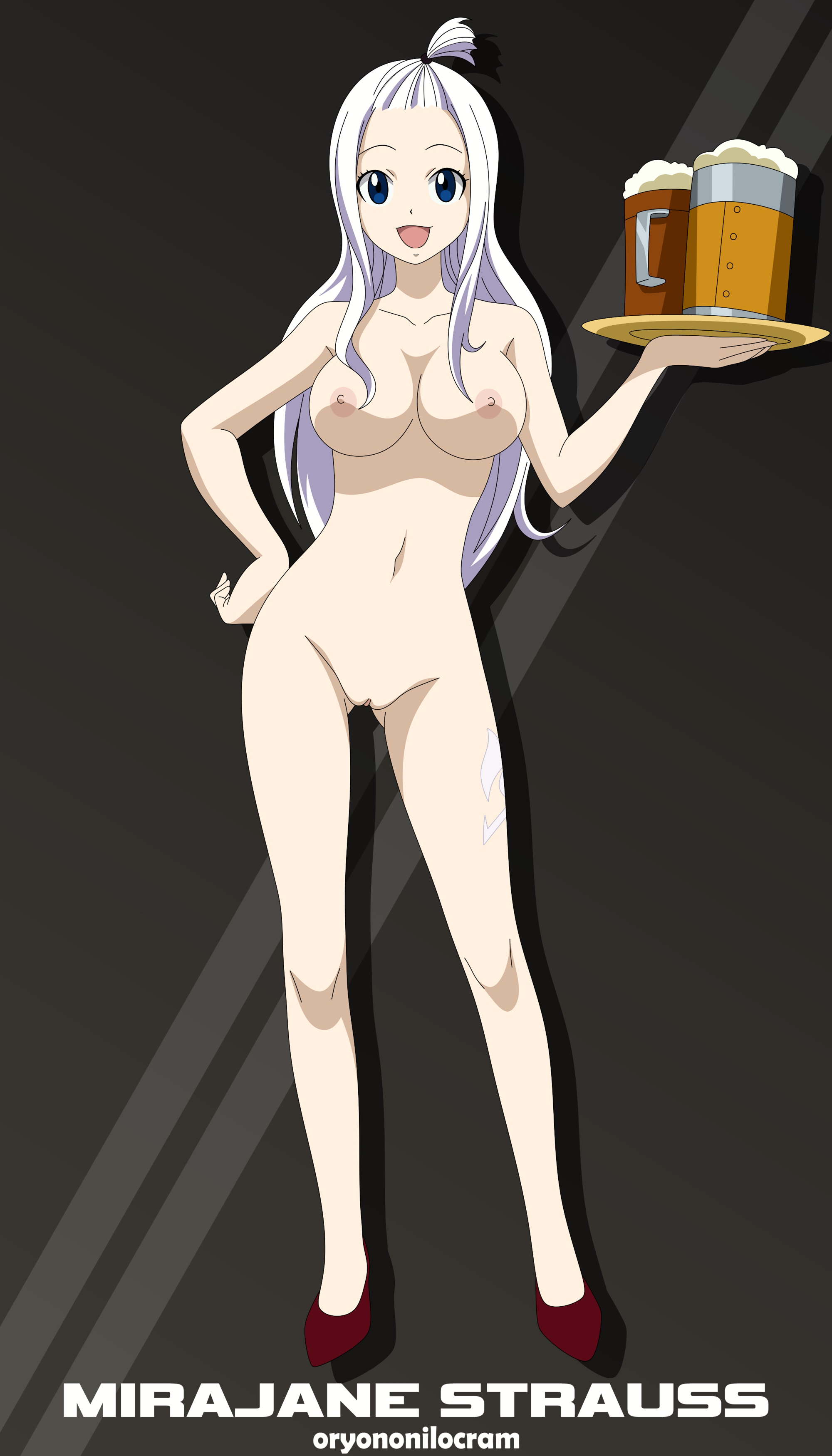 1girls, accurate art style, ass visible through thighs, beer, blue eyes, breasts, fairy tail, female, hand on hip, high heels, holding object, long hair, looking at viewer, mirajane strauss, naked, naked footwear, naked heels, nipples, nude, open mouth, oryononilocram, pussy, red high heels, solo, vagina, white hair, white skin, white-haired female