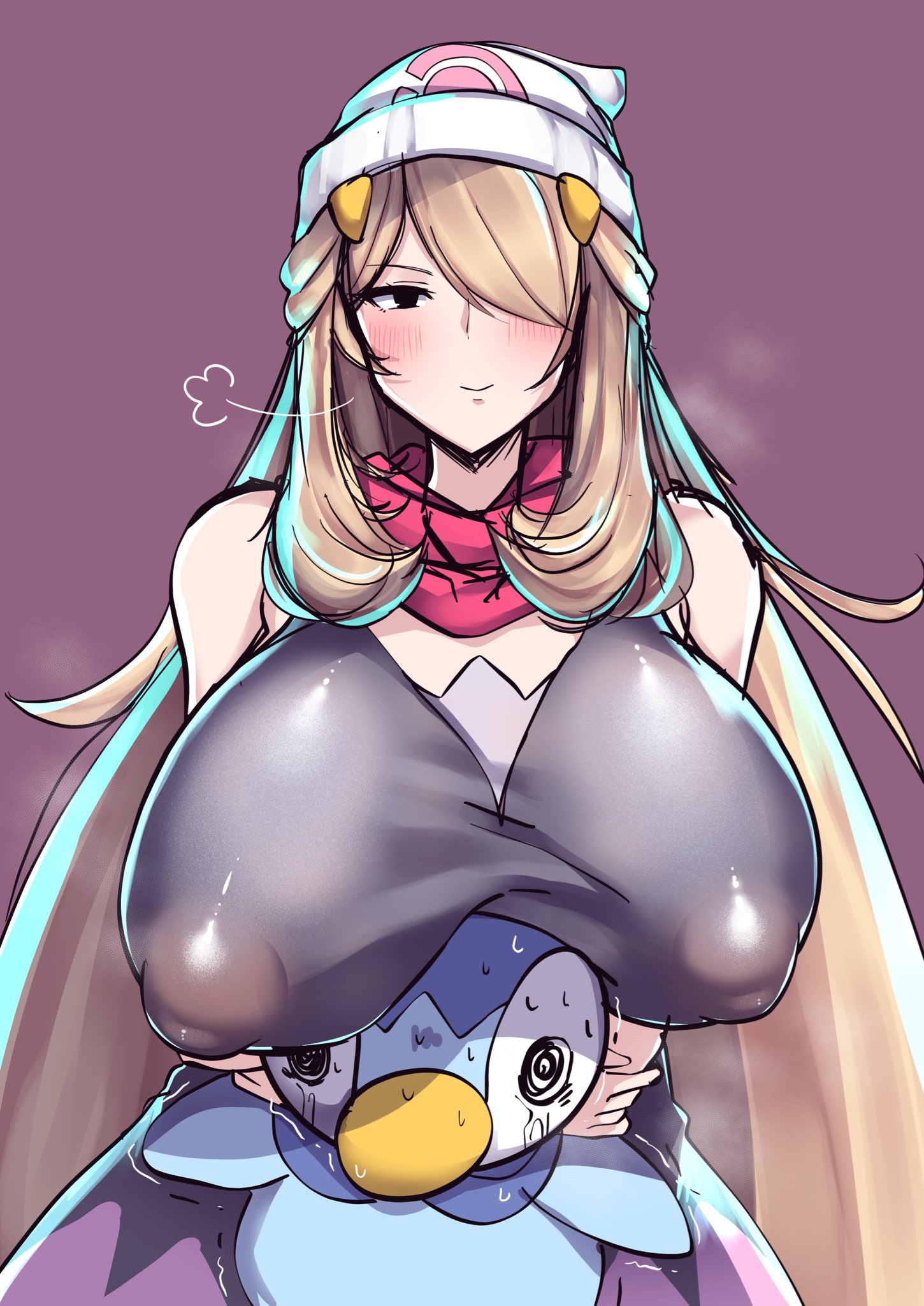 @ @, 1girls, ambiguous gender, bare shoulders, big breasts, blonde hair, blue body, blush, blushing, breasts, breasts on head, champion, cosplay, crying, cynthia (pokemon), dawn (pokemon) (cosplay), embarrassed, eye contact, female, front view, hair, hair over one eye, hat, huge breasts, large breasts, long hair, looking at viewer, nervous, nintendo, nipple bulge, piplup, pokemon, pokemon (species), pokemon dppt, ryouten9, seductive, seductive eyes, seductive look, seductive smile, smile, standing, sweat, sweating, tears, tight clothing, very long hair, voluptuous
