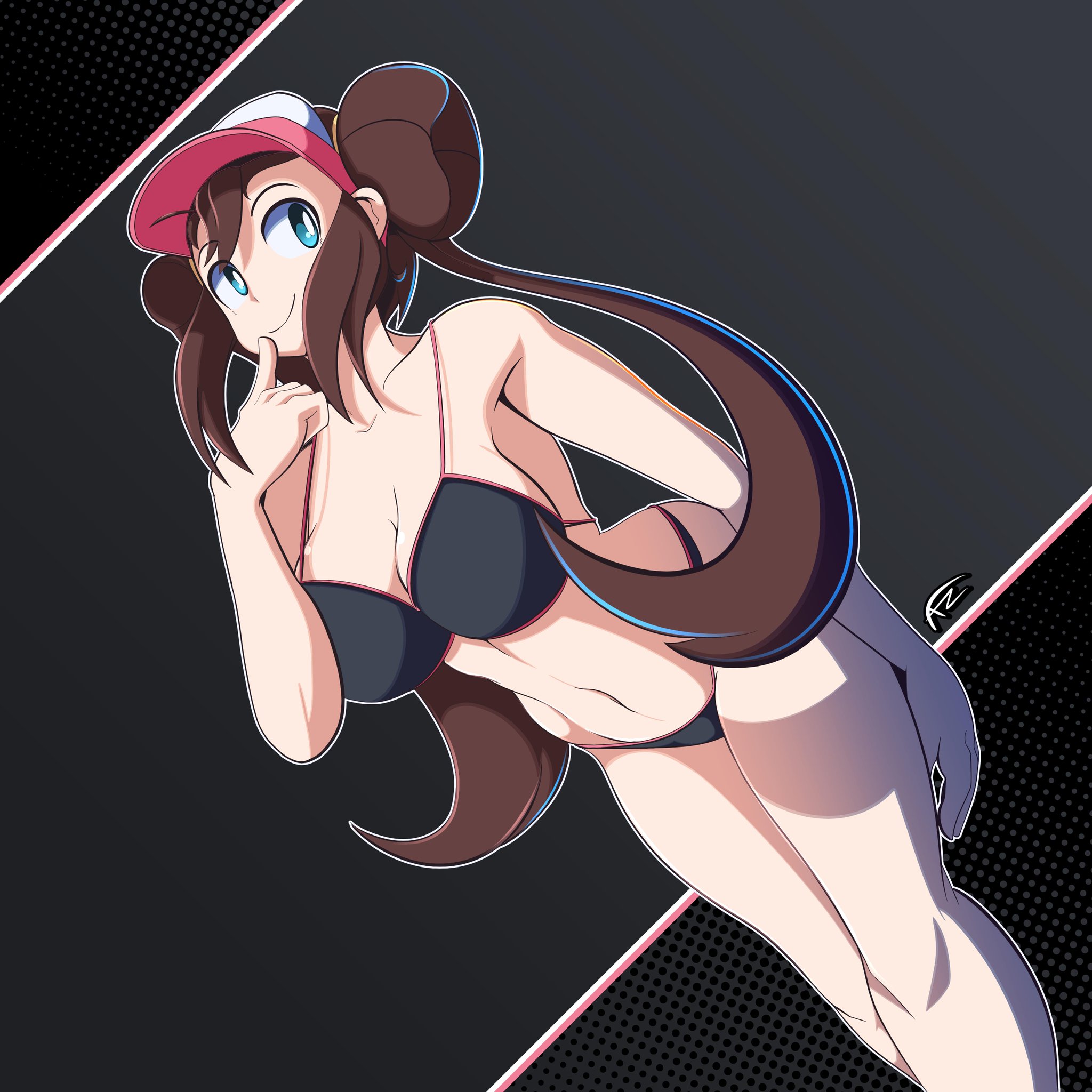 big breasts, black bra, black underwear, bra, breasts, brown hair, clothed, clothing, female, freakyed, human, looking at viewer, nintendo, pokemon, pokemon bw2, rosa (pokemon), smile, smiling, smiling at viewer, swimwear, twintails, underwear, video games