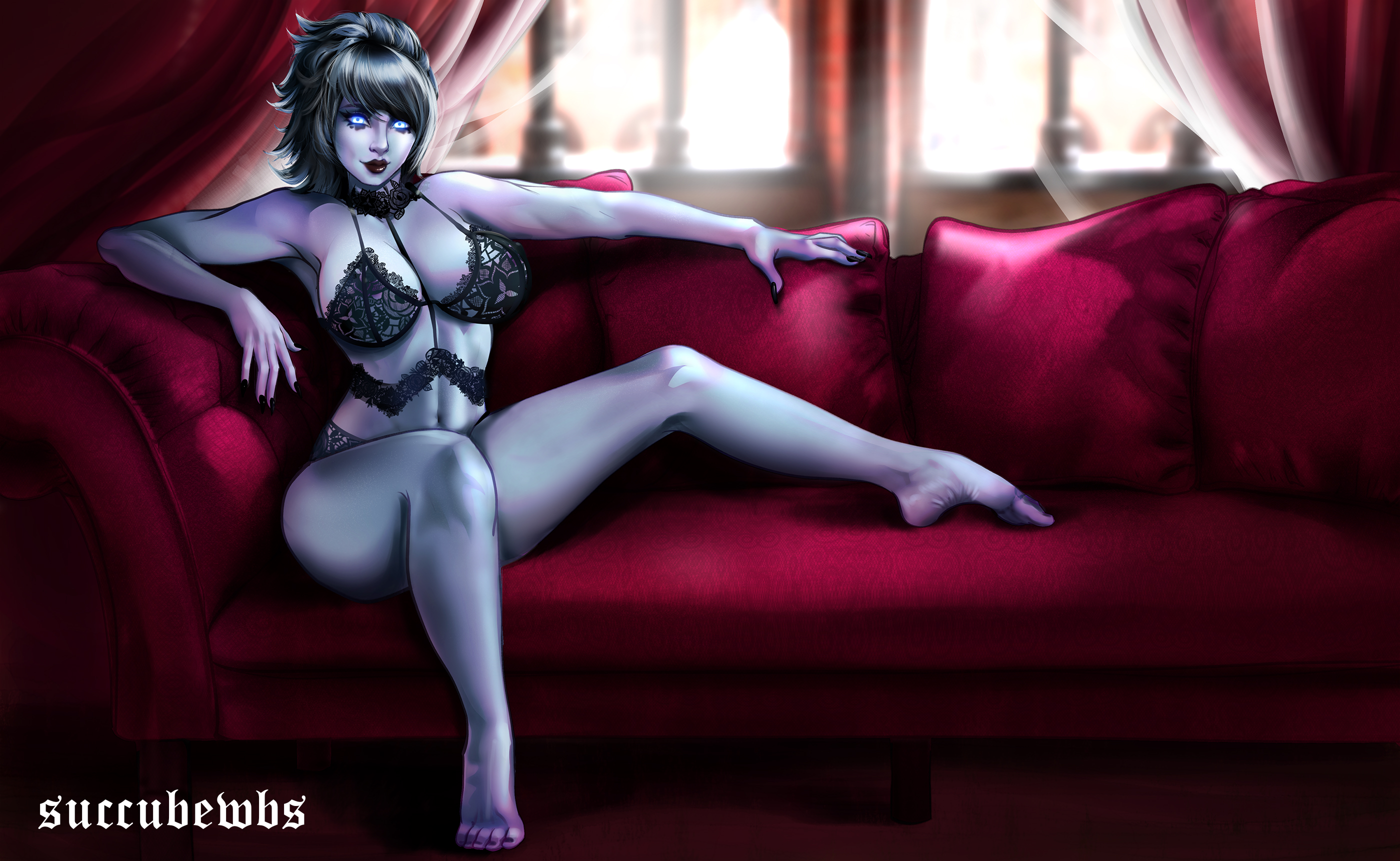 1girls, awoken, blue eyes, blue skin, bra, choker, dark lipstick, destiny (game), feet, female, glowing eyes, lace, lace-trimmed bra, lace-trimmed panties, lingerie, lipstick, makeup, original character, pinup, pinup pose, purple skin, short hair, smirk, sofa, solo, succubewbs
