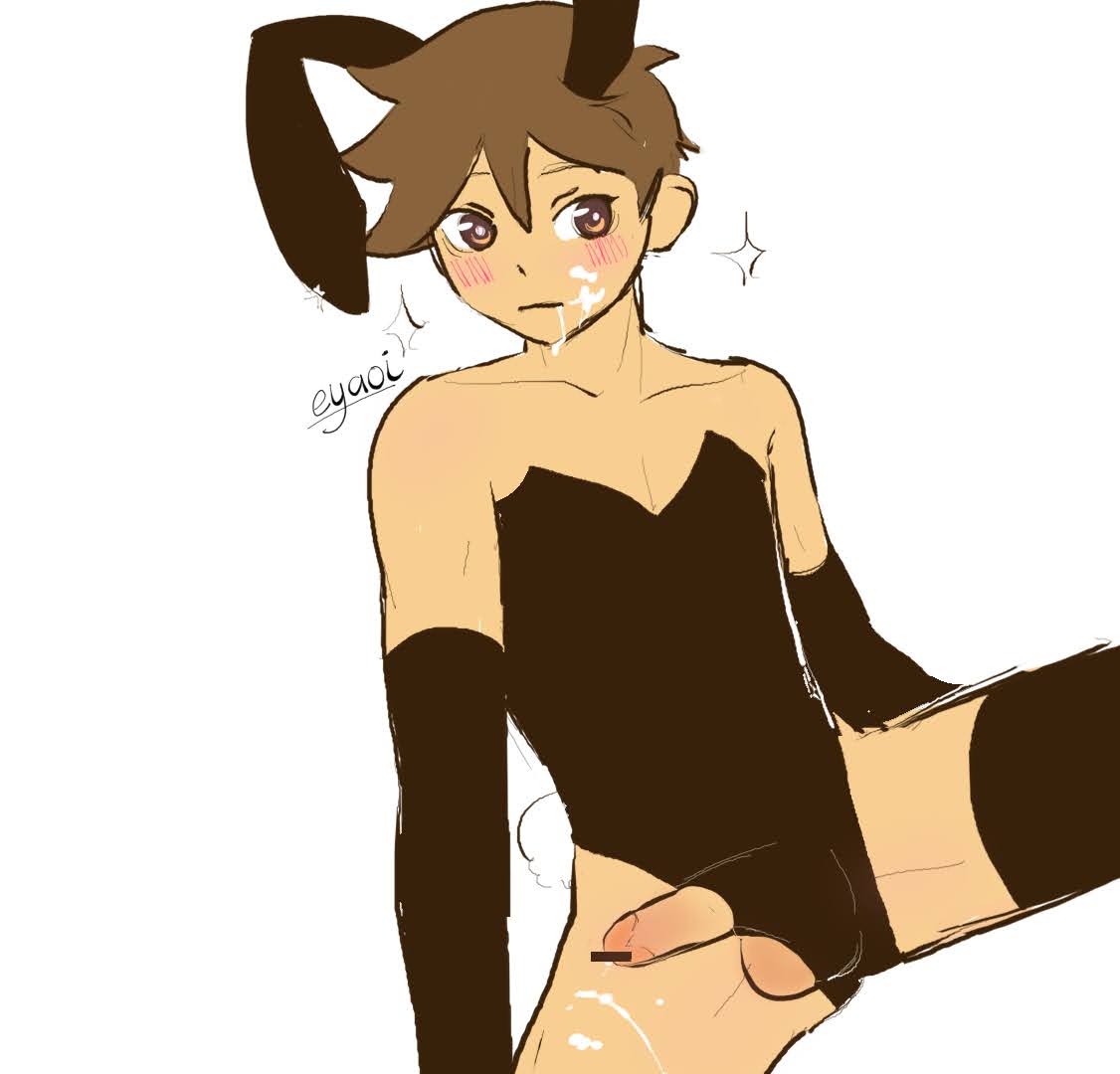 bar censor, boy, bunny ears, bunny tail, bunnysuit, censored, cum, dick, gay, hero (faraway) (omori), hero (omori), male, omori, penis