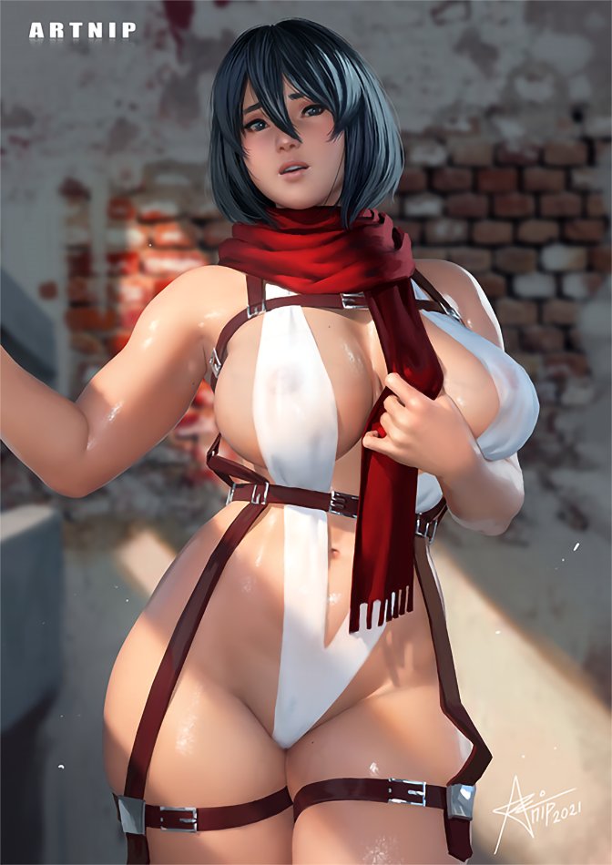 1girls alternate_breast_size artnip attack_on_titan between_breasts blurry_background brick_wall cleavage curvy curvy_figure female huge_breasts indoors mikasa_ackerman navel parted_lips realistic scarf see-through shiny_skin skindentation sling_bikini solo standing thick_thighs three-dimensional_maneuver_gear upper_teeth white_swimsuit