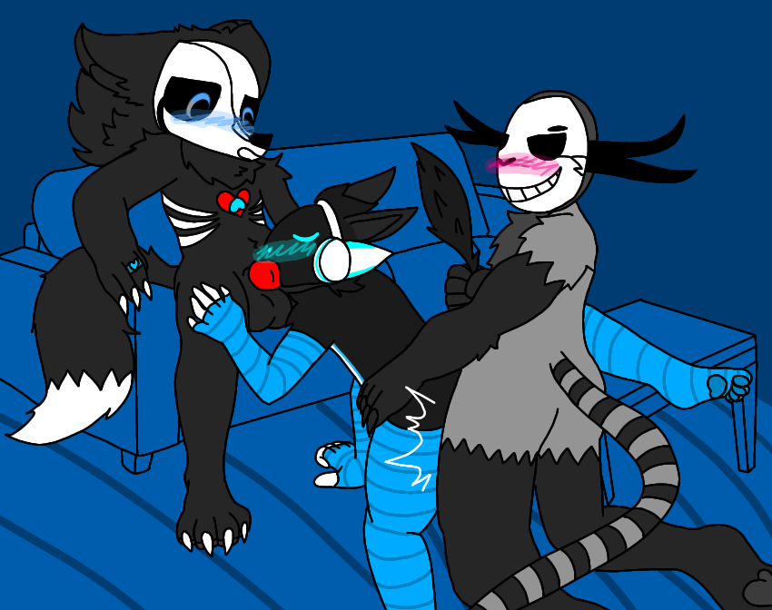 anal_sex black_fur black_pawpads blue_background blue_eyes blushing claws deadtale femboy fur_(character) furry furry_only grey_fur leg_up legs_open naked oral_penetration oral_sex pawpads paws pleasured protogen riskaver riskaver_(artist) simple_background sofa tail threesome wendigo