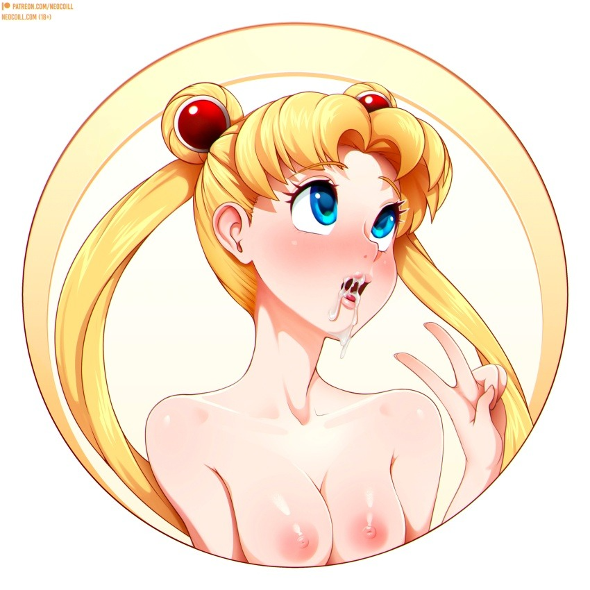 bishoujo senshi sailor moon, blush, breasts, completely nude, cum, cum in mouth, cum on face, edit, female, medium breasts, neocoill, nude, sailor moon, simple background, usagi tsukino