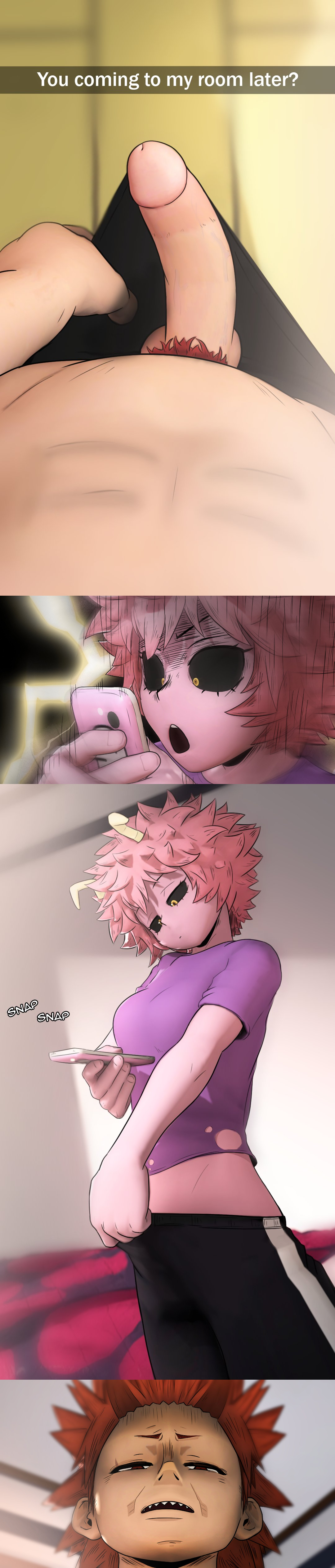 1boy, 1girls, 3d, 3d (artwork), black sclera, circumcised, circumcision scar, close-up, comic, dick pic, eijirou kirishima, english text, erect penis, female, greatm8, horns, kirimina, male, male/female, mina ashido, my hero academia, penis, penis out, phone, pink hair, pink skin, pink-haired female, pov, red eyes, red hair, red pubic hair, red-haired male, sending nudes, sexting, shocked, spiky hair, surprised, taking picture