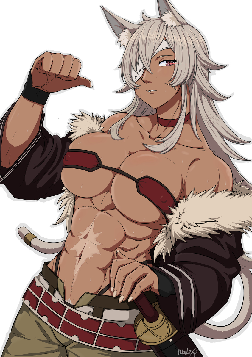 1girls, abs, animal ears, big breasts, black panties, breasts, erect nipples, erect nipples under clothes, female, female only, ghislaine dedoldia, grey hair, muscular, muscular female, mushoku tensei, nipples, panties, pants, pubic hair, solo