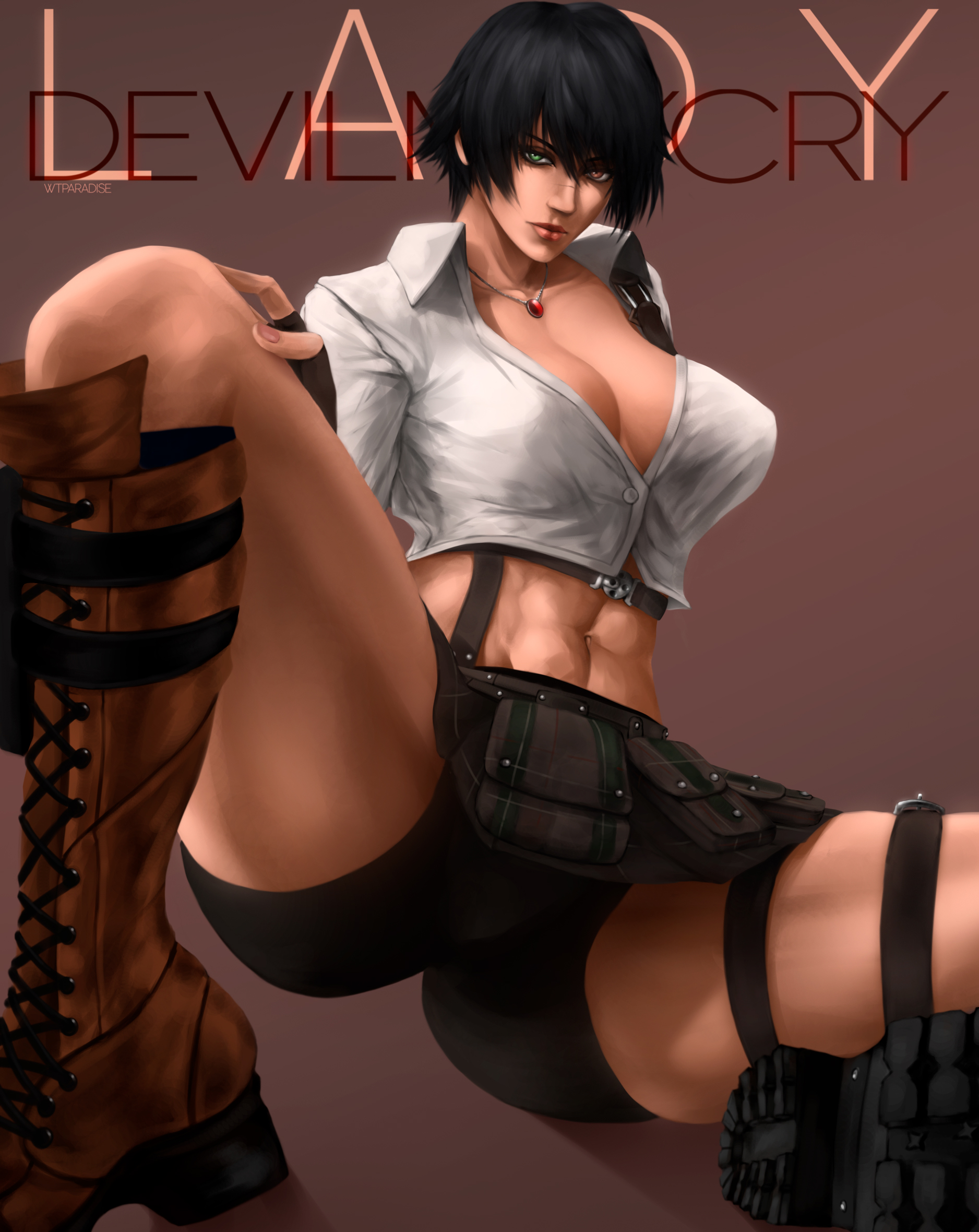 1girls, abs, black hair, boots, capcom, clothed, clothed female, clothes, clothing, devil may cry, devil may cry (series), devil may cry 3, female, female focus, female only, green eyes, heterochromia, lady (devil may cry), muscular, muscular female, necklace, red eyes, scar, scar on nose, shirt, short hair, sitting, solo, solo female, solo focus, tomboy, we1cometoparadiseart, welcometoparadise, wtparadise