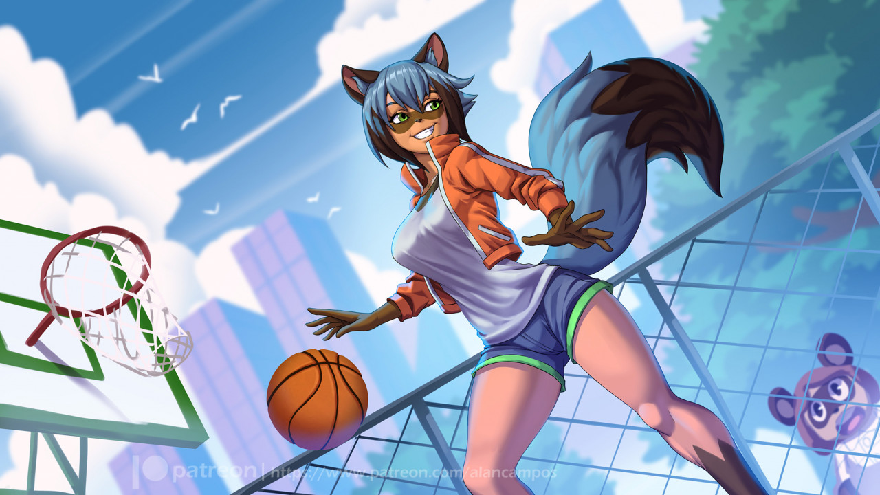 1girls, 2021, 5 fingers, alanscampos, anthro, background, background character, basketball, blue hair, brand new animal, clothing, female, furry, green eyes, legs, michiru kagemori, patreon, patreon username, solo, studio trigger, wide hips
