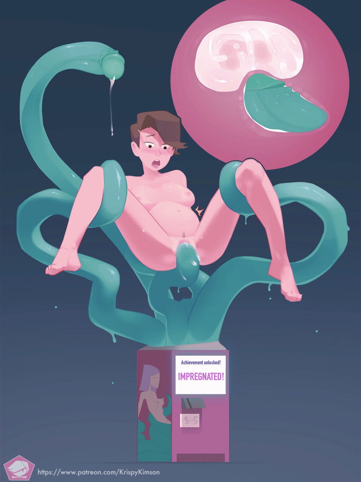 1girls, abdominal bulge, belly bulge, belly expansion, blush, breasts, breeding, breeding slave, brown eyes, brown hair, cross section, cum, cum in pussy, cum in uterus, cum inside, egg, egg implantation, egg laying, female, green tentacles, helpless, impregnation, inflation, internal, internal cumshot, internal view, krispy (character), krispy kimson, legs apart, legs held open, legs spread, legs up, male, monster, monster cock, monster on female, monster rape, nipples, open mouth, oviposition, ovipositor, penetration, penis, penis tentacles, pussy, rape, raped by monster, restrained, sex, sex machine, short hair, spread legs, suspended via tentacles, suspension, tentacle, tentacle impregnation, tentacle in pussy, tentacles around legs, tomboy, uterus, vaginal penetration, x-ray