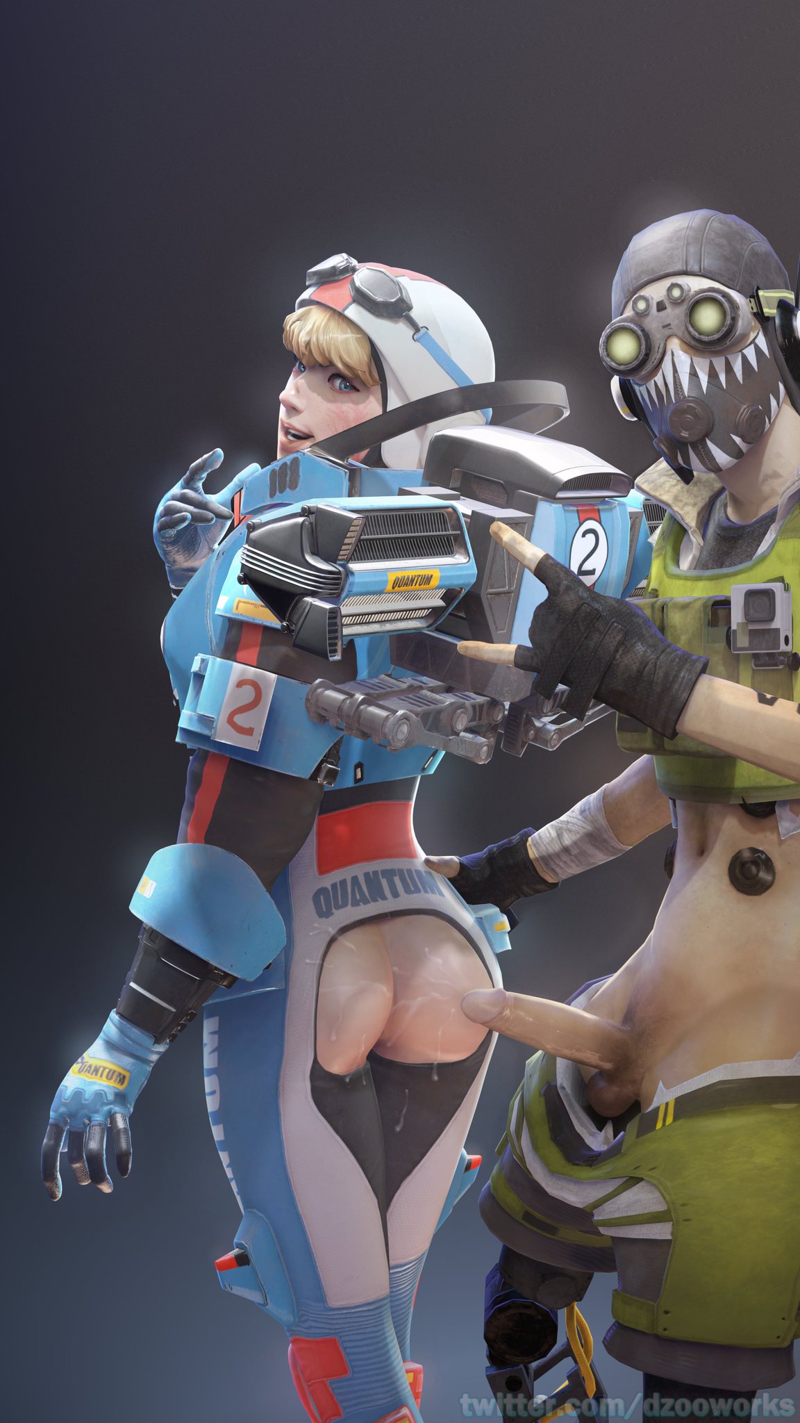 3d, apex legends, ass, blonde hair, cum, cum on ass, cum on body, cumshot, dzooworks, female, lichtenberg figure, looking back, male, octane (apex legends), open clothes, scar, sfm, suit, wattson (apex legends), wired for speed wattson