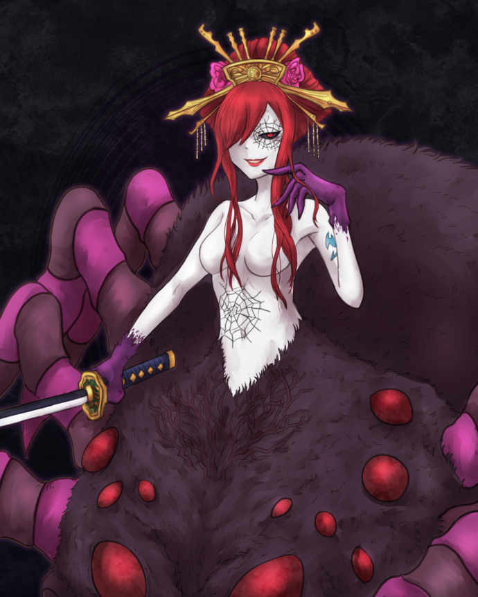 1girls akuba alternate_hairstyle arachne black_sclera bottomless breasts brown_eyes cleavage color corruption crown erza_scarlet evil_smile fairy_tail female_only femsub flower hair_covering_one_eye jewelry long_hair mind_control monster_girl monsterification nude nude_female red_eyes red_hair smile sole_female solo spider_girl sword tattoo topless transformation web white_skin