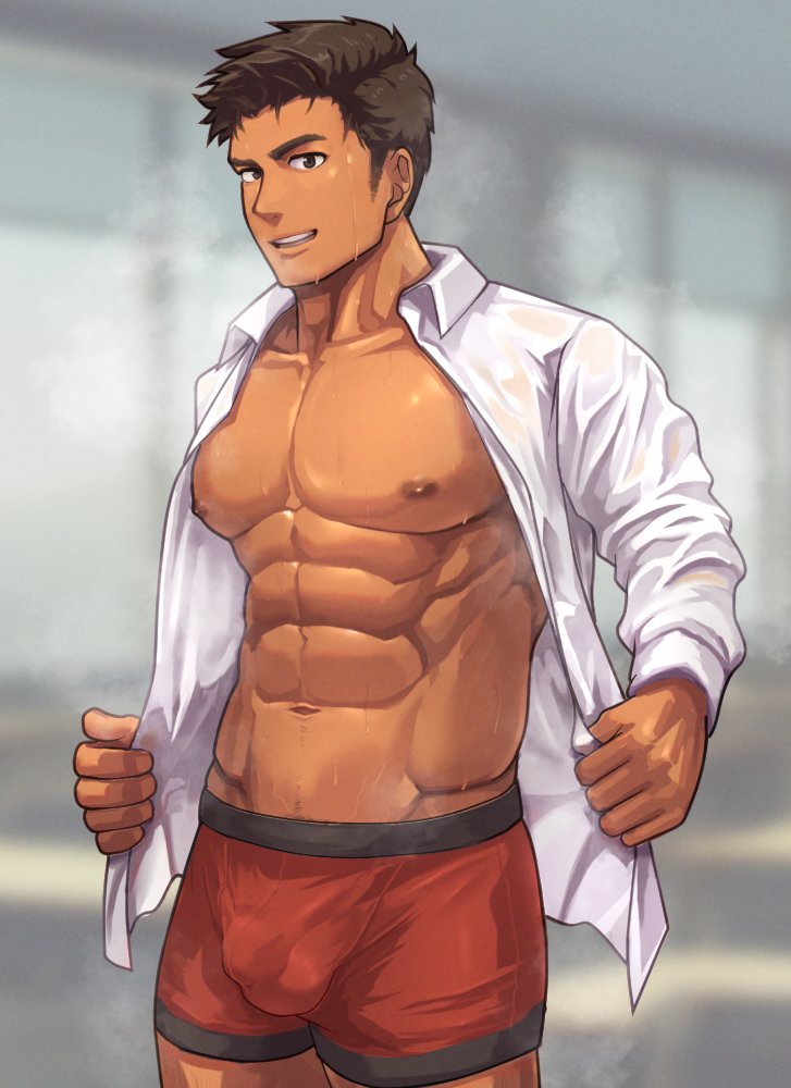 abs brown_hair funa_(artist) looking_at_viewer male male_only muscular_male open_shirt opening_shirt pecs pov red_underwear shirt smiling smiling_at_viewer solo sweat sweating tagme underwear white_shirt