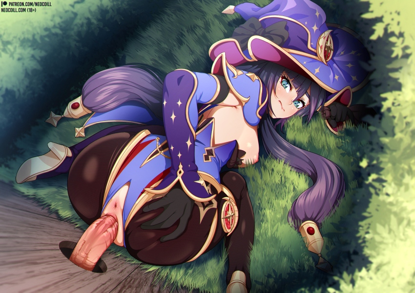 1boy, 1girls, anus, ass, ass grab, blue eyes, breasts, doggy style, female, fence, genshin impact, glory hole, hair ornament, hetero, light skin, light-skinned male, long hair, male, male/female, mona (genshin impact), neocoill, nipples, prostitution, sex, video game character, video game franchise, witch hat