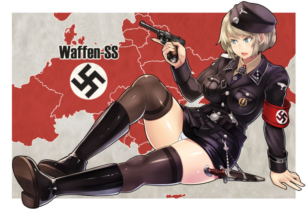 armwear big_breasts blonde_hair covr female firearm footwear germany green_eyes handgun headwear high_boots human legwear luger_p08 national_personification nazi pale_skin panties skirt swastika thick_thighs thighhighs uniform waffen-ss weapon