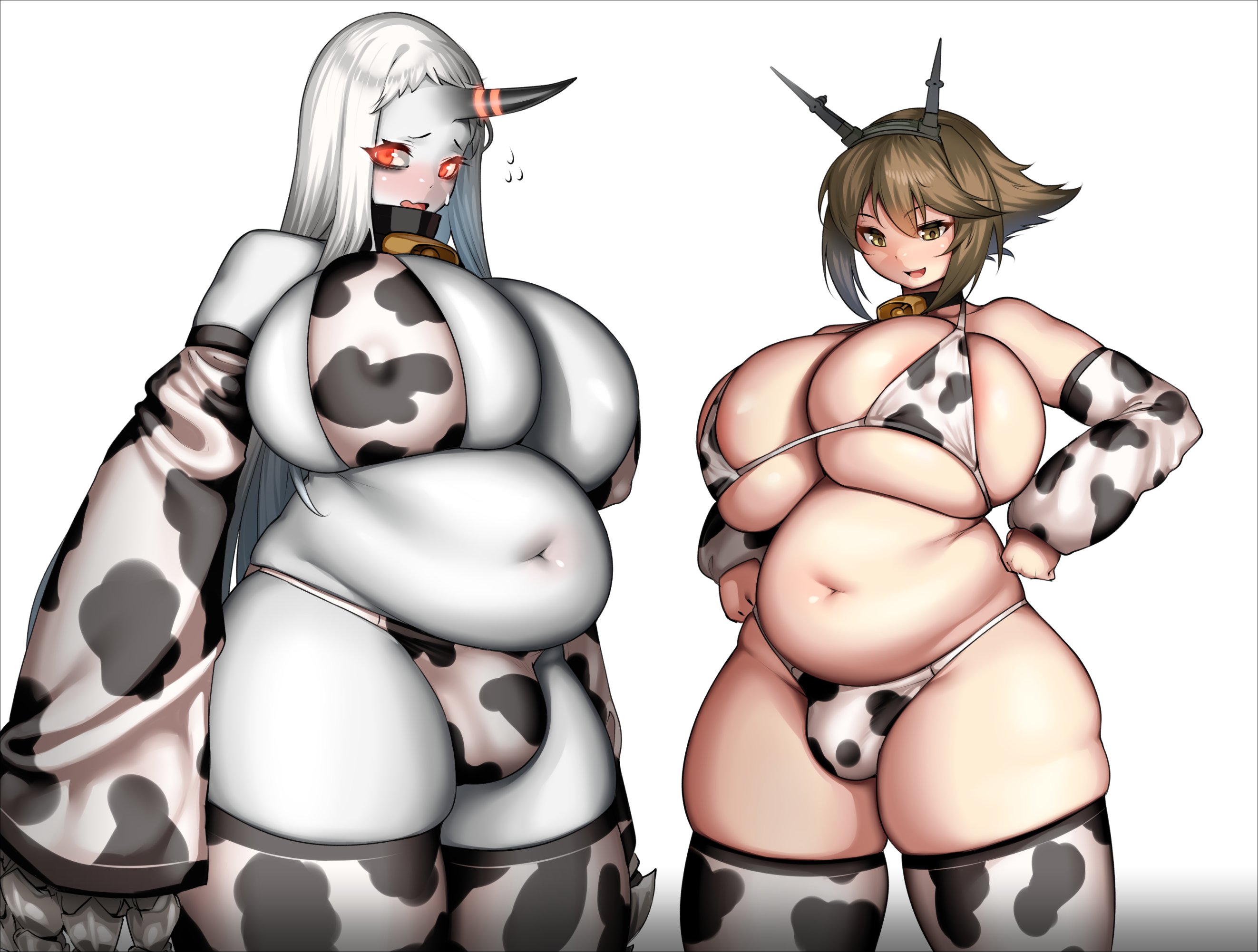 2futas, blush, breasts, bulge, burakku-ra, chubby, cleavage, cow print, detailed background, dickgirl, duo, futa only, futanari, grey skin, horn, huge breasts, human, humanoid, intersex, kantai collection, mutsu (kantai collection), pale skin, seaport hime, skindentation, standing, thick thighs, thighhighs, wide hips