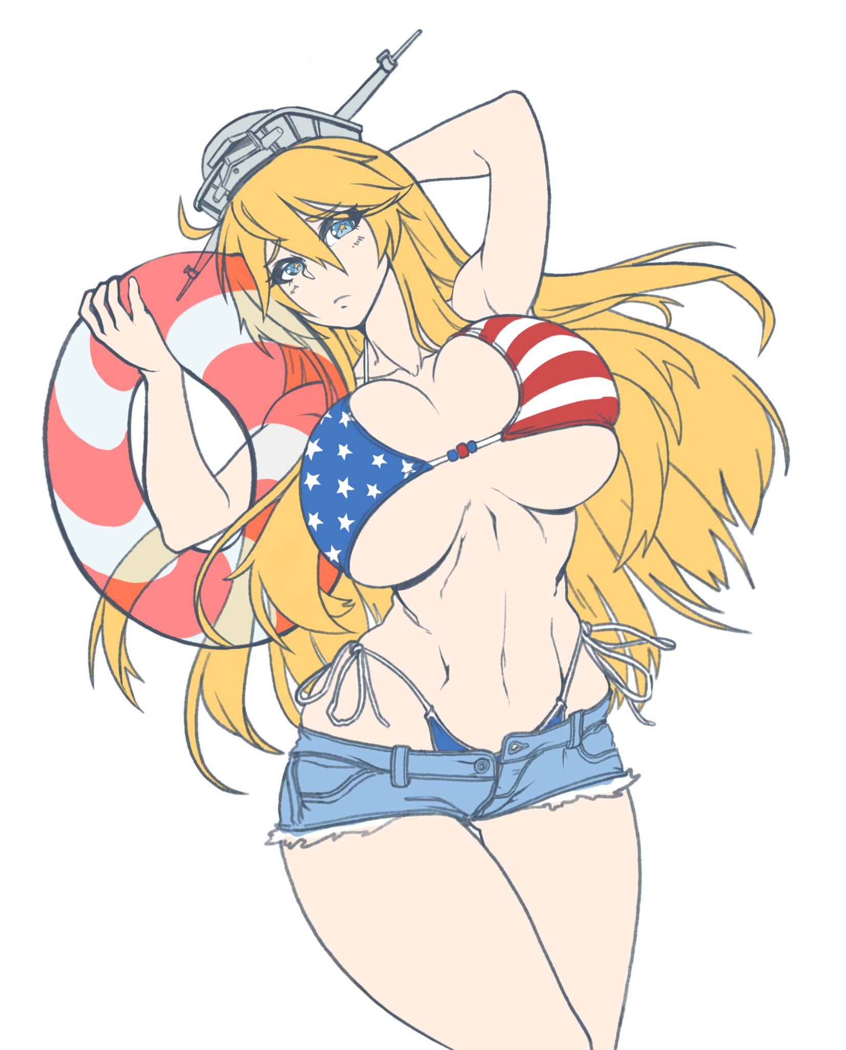1girls, american flag, american flag bikini, bare midriff, bare thighs, belly button, big breasts, bikini, blonde hair, blue eyes, breasts, brups, female, flat colors, iowa (kantai collection), kantai collection, shorts, solo, solo female, swimsuit, tagme