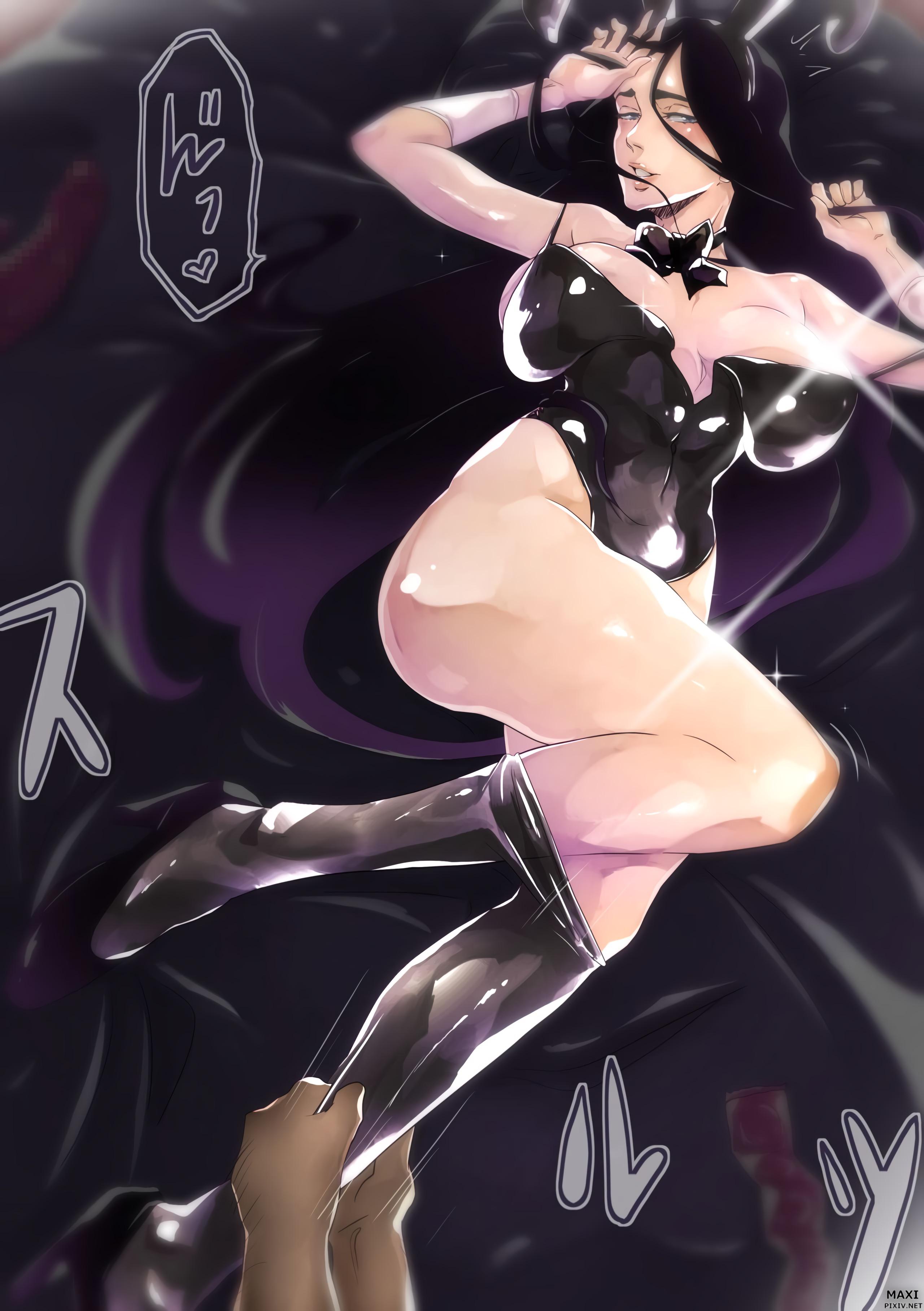 1boy, 1girls, animal ears, bare shoulders, before sex, big breasts, black hair, bleach, blue eyes, braided hair, braided ponytail, breasts, bunny ears, bunnysuit, detached collar, faceless male, female, female focus, footwear, heels, legs, legwear, leotard, long hair, lying, male, maxi, pale skin, pantyhose, pantyhose pull, revealing clothes, ribbon, seductive, seductive look, seductive smile, shy, smile, undressing, undressing another, unohana retsu