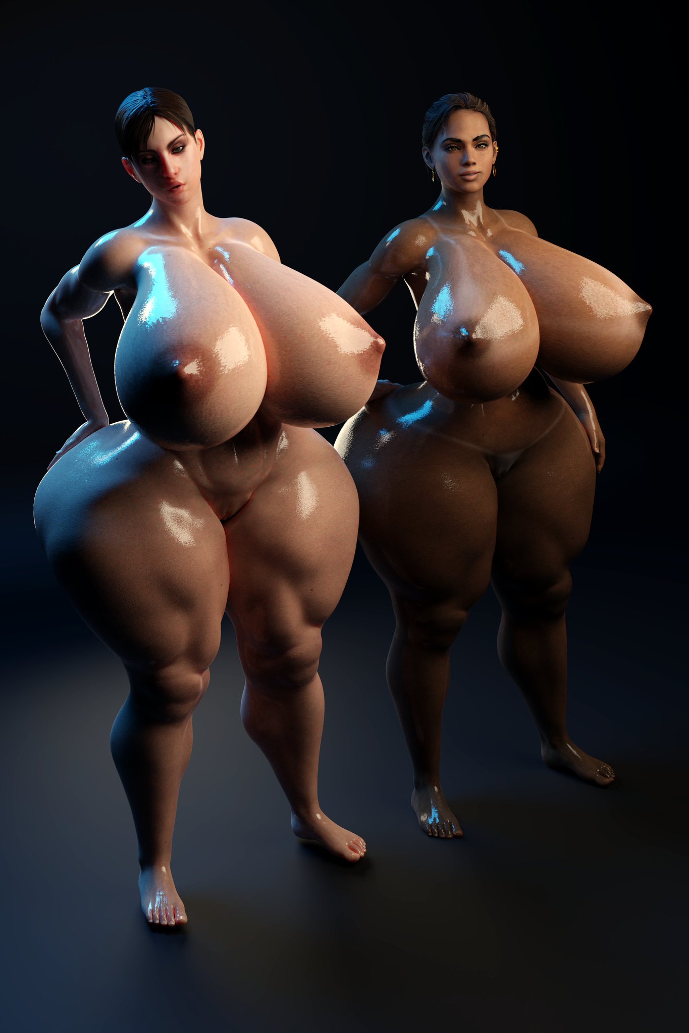 2girls, 3d, alternate breast size, areola, ass, big ass, breasts, brown hair, busty, capcom, chocolate and vanilla, cleavage, dark skin, dark-skinned female, daz studio, female, female only, hips, hourglass figure, jill valentine, jill valentine (julia voth), large breasts, legs, light skin, light-skinned female, lower body, naked, nipples, nude, nude female, resident evil, resident evil 5, resident evil remake, sheva alomar, thick, thick legs, thick thighs, thighs, upper body, voluptuous, vorhauzen1, wide hips