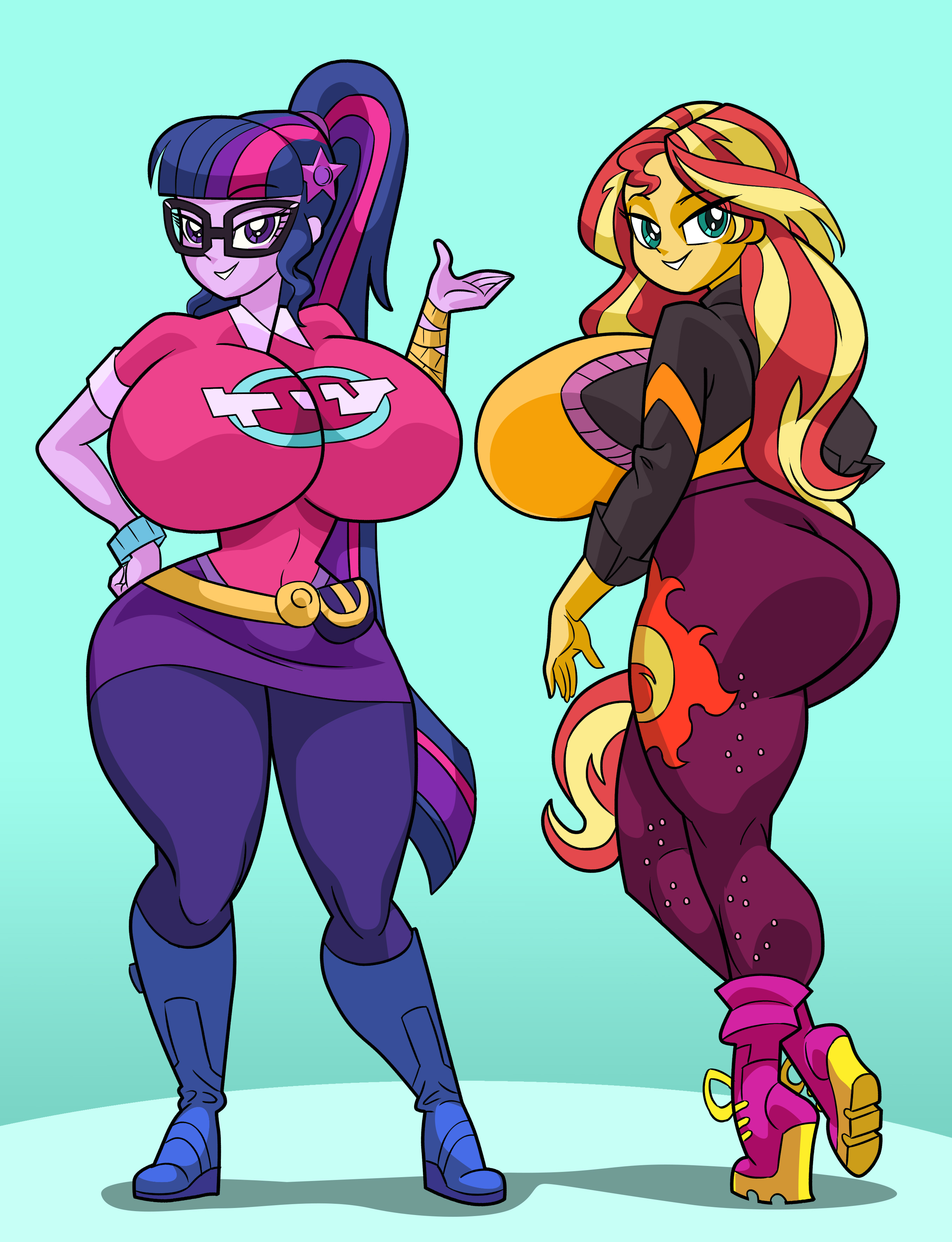 2girls, art-2u, ass, big ass, big breasts, bimbo, breasts, curvy, duo, duo female, equestria girls, eyewear, female, female only, friendship is magic, glasses, hasbro, hi res, highres, hourglass figure, huge ass, huge breasts, large ass, large breasts, multicolored hair, my little pony, pants, ponytail, purple hair, red hair, sci-twi, sunset shimmer, sunset's backstage pass, thick, thick ass, thick thighs, twilight sparkle (mlp), two-tone hair, wide hips