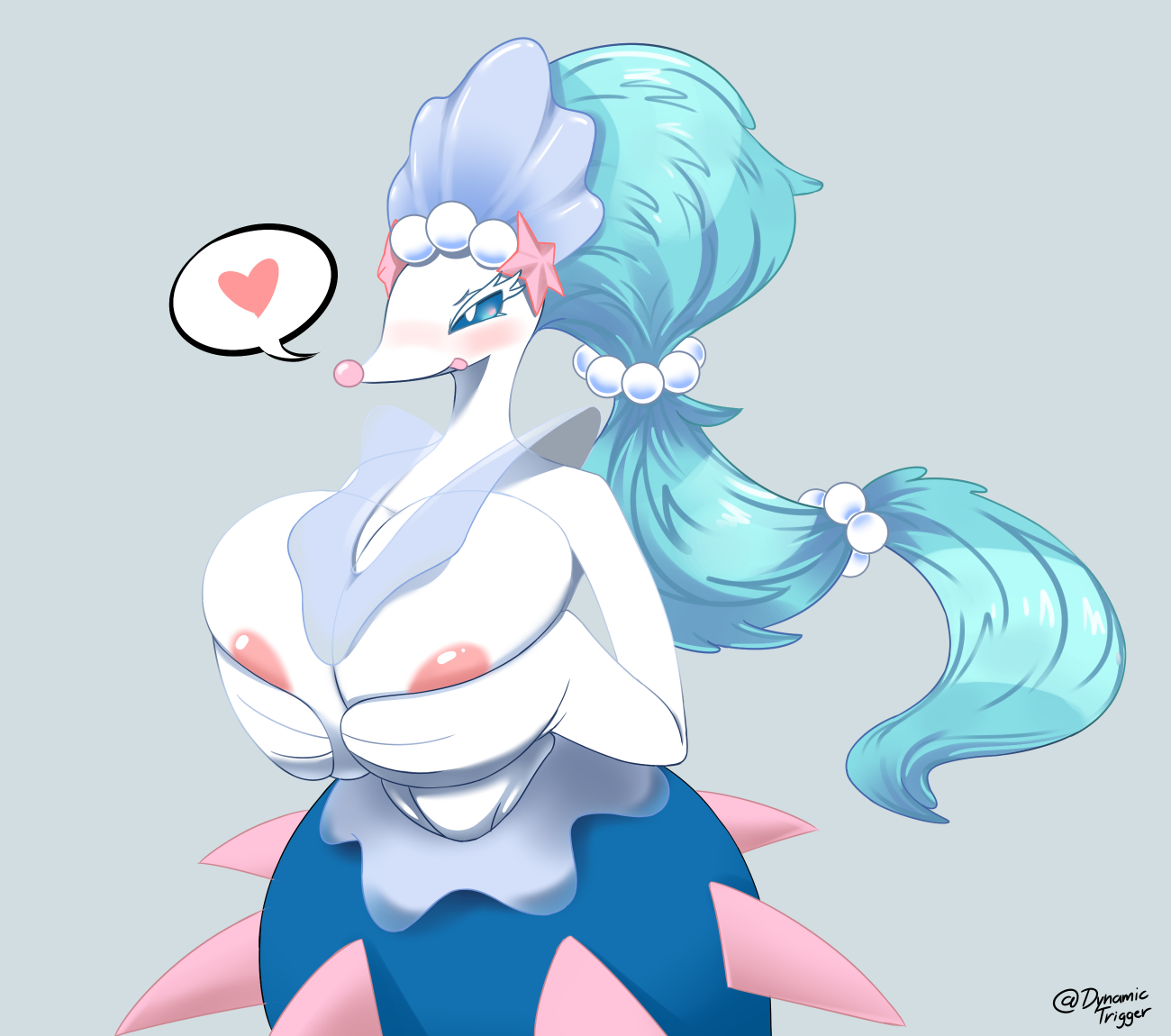 1girls, 2020, anthro, big breasts, blue hair, blush, breast squeeze, breasts, covering breasts, dynamictrigger22, female, hair, half body, highres, long hair, merfolk, mermaid, nose, pokemon, pokemon sm, primarina, signature, solo, wide hips