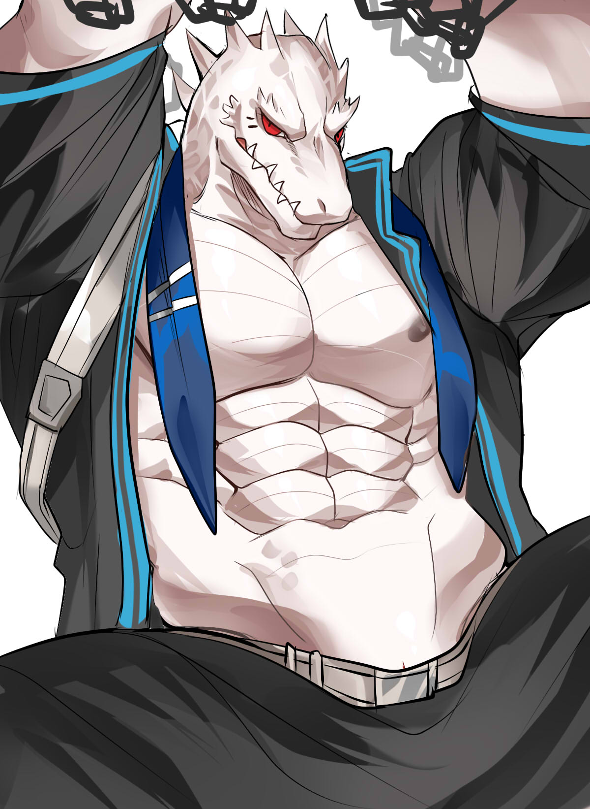 abs animal_genitalia anthro arknights arms_tied barely_visible_genitalia biceps bottomwear bound chung0_0 clothed clothing crocodile crocodilian crocodylid genital_slit genitals hi_res male male_only muscular muscular_anthro muscular_male open_clothing open_shirt open_topwear pants pecs rangers_(arknights) red_eyes reptile scalie scarf shirt slit solo submissive submissive_male teeth topwear white_body