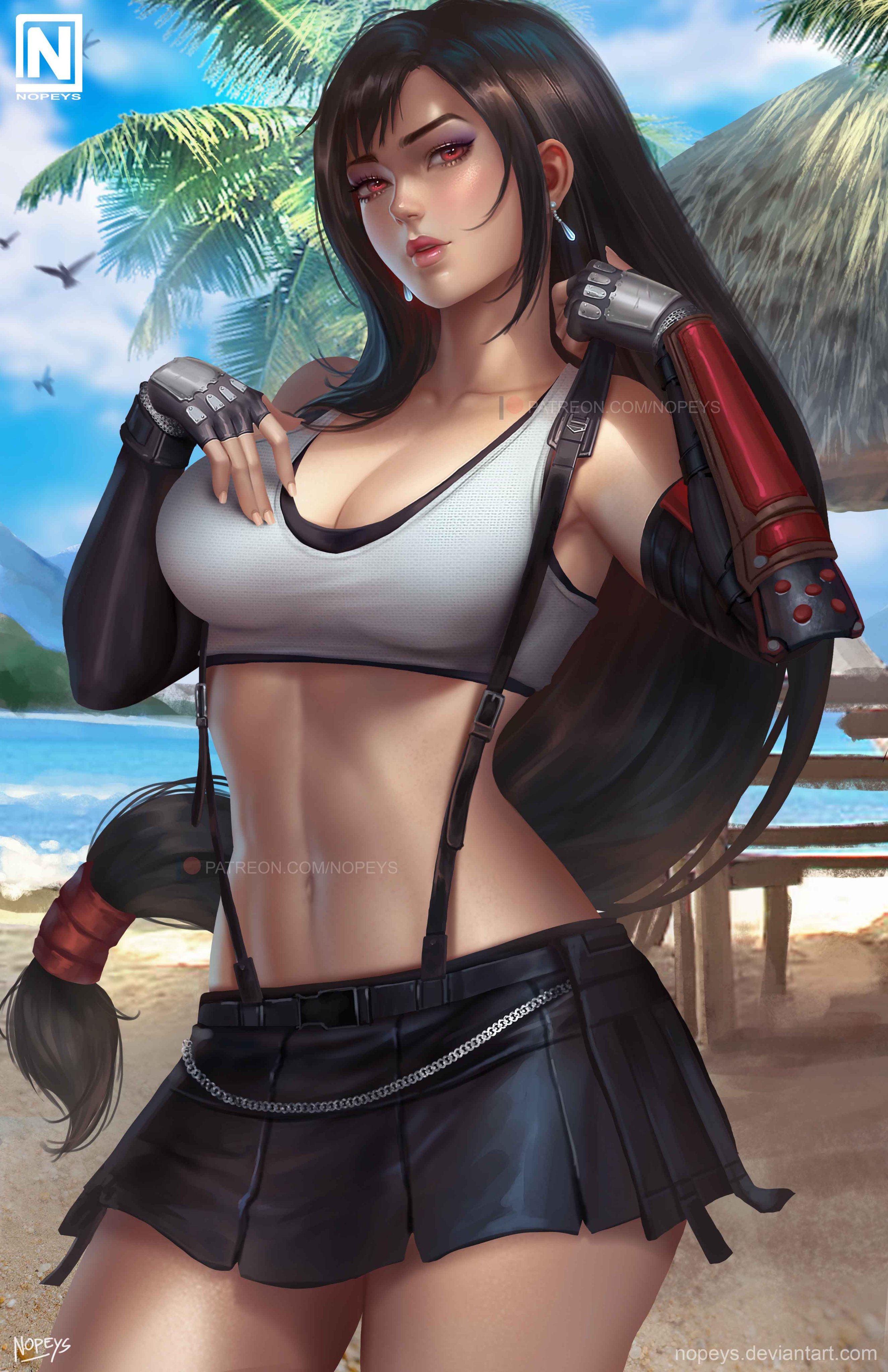 black hair, blush, cleavage, elbow gloves, female, final fantasy, final fantasy vii, fully clothed, gauntlets, gloves, jewelry, long hair, looking at viewer, nopeys, red eyes, skirt, solo, suspenders, tifa lockhart
