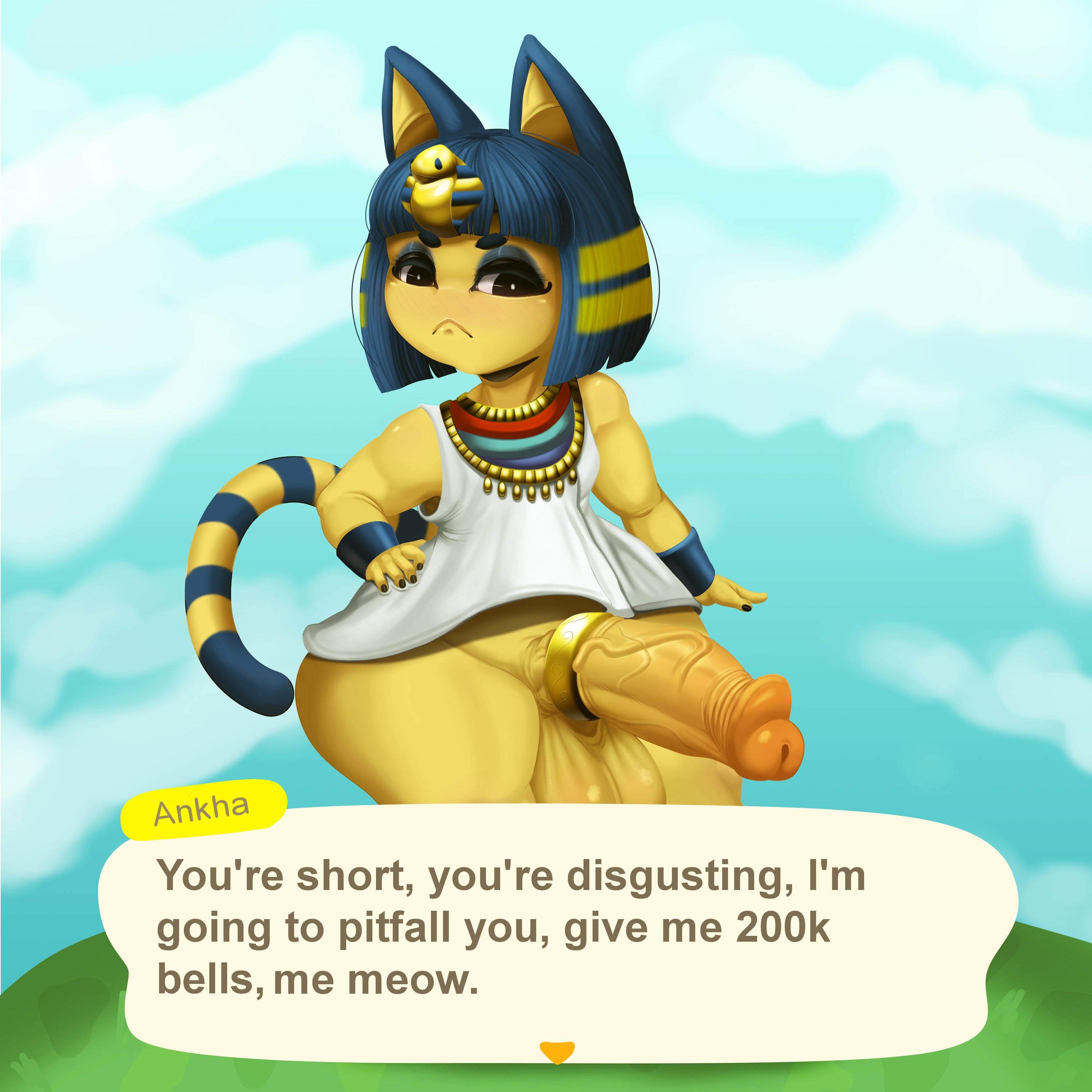 1futa, 2021, animal crossing, ankha, anthro, balls, dickgirl, dwn000, erection, furry, futa only, futanari, huge cock, intersex, nintendo, penis, shortstack, small but hung, solo, speech bubble, teapot (body type), testicles, text, thick thighs, thighs, wide hips