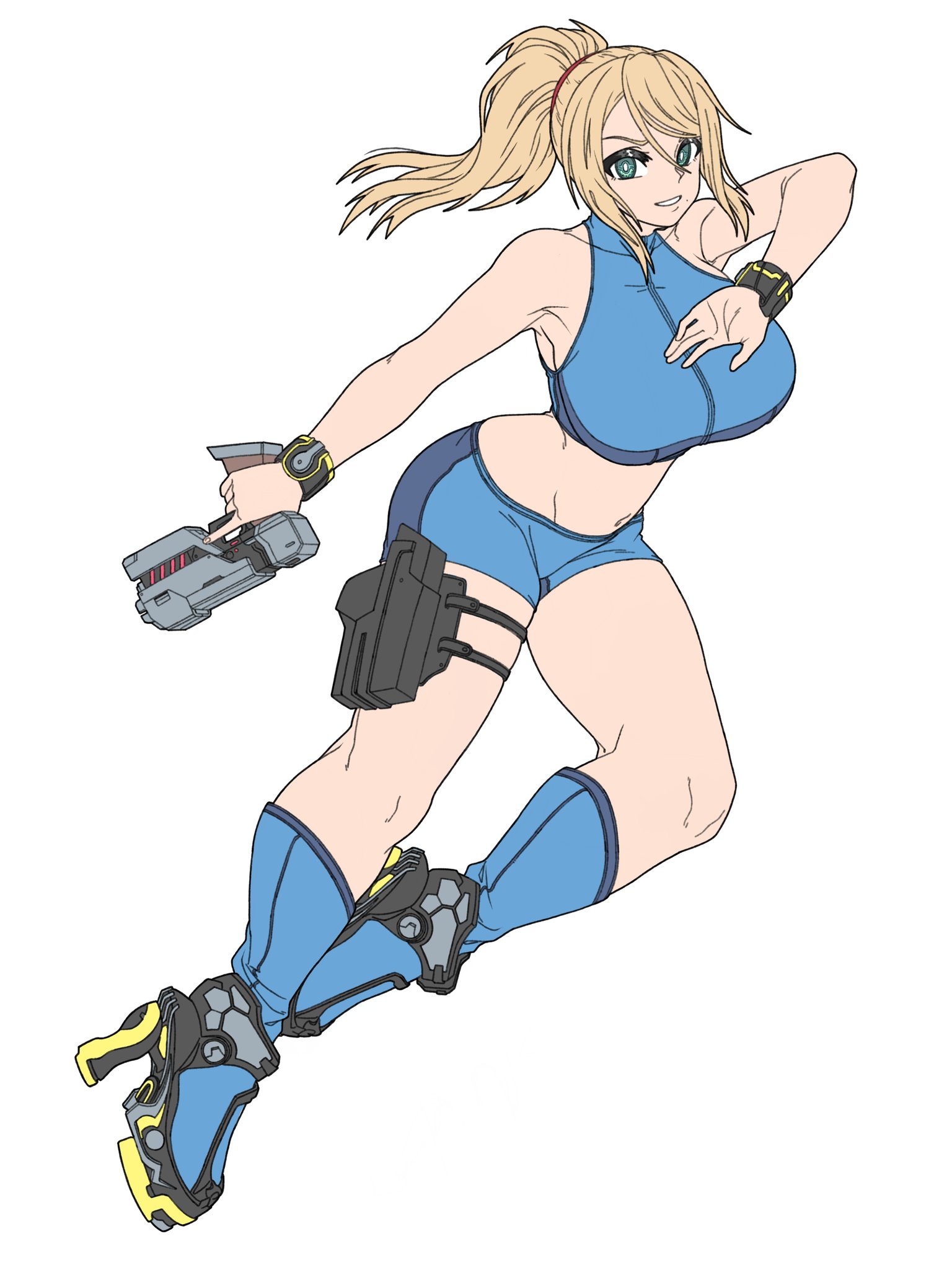 1girls, alternate version available, bare arms, bare legs, bare midriff, big breasts, blonde hair, breasts, brups, female, flat colors, green eyes, high heels, metroid, nintendo, samus aran, solo, solo female, thick, tight clothing
