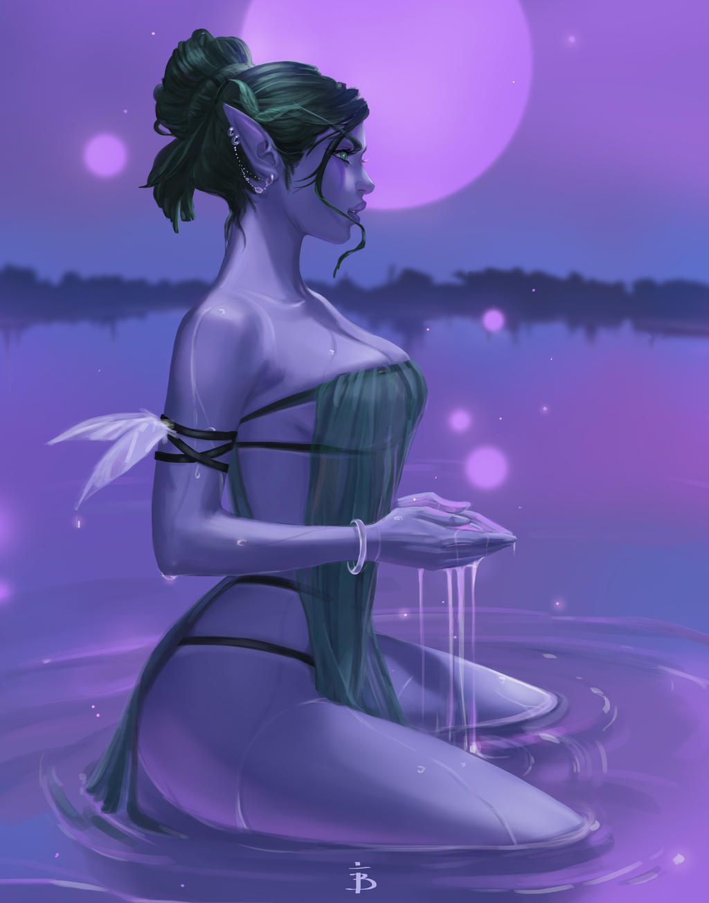 1girls, bracelet, clothed, earrings, elf, female, female only, green eyes, green hair, lake, night, night elf, nonude, outdoors, pointy ears, purple skin, solo, taiss14, tattiart, tyrande whisperwind, warcraft, water, world of warcraft