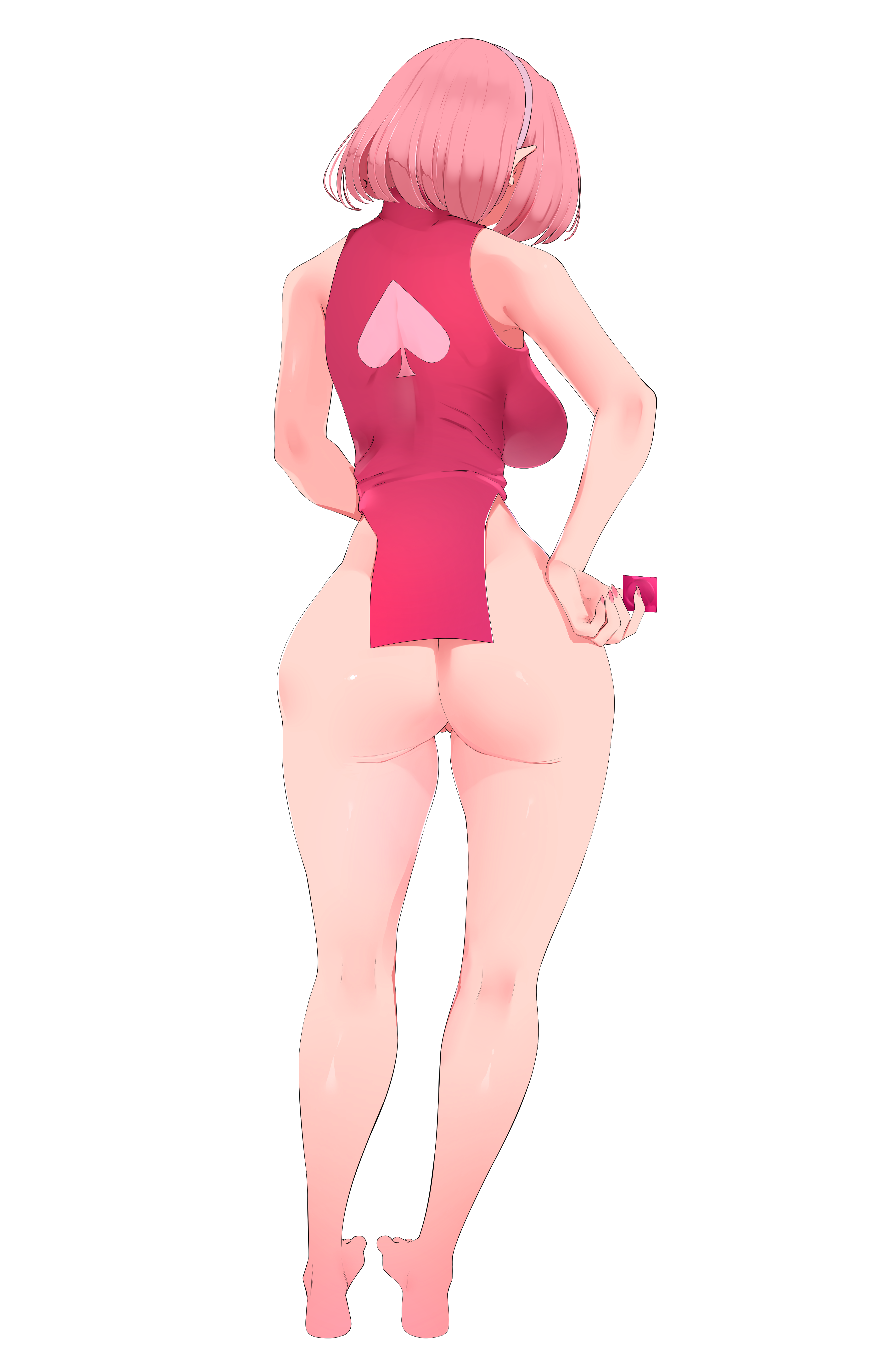 1girls, ass, ass focus, bare shoulders, barefoot, behind view, big breasts, bigpeachs, bob cut, boruto: naruto next generations, bottomless, breasts, bubble ass, bubble butt, busty, condom, condom wrapper, dress, dress lift, feet, female, female focus, female only, from behind, hand on hip, headband, holding condom, hourglass figure, large breasts, legs, light skin, light-skinned female, mature, mature female, medium hair, milf, nail polish, naruto, naruto (series), netorare, no panties, no shoes, ntr, pale skin, pale-skinned female, perky breasts, pink dress, pink hair, pink nail polish, pink nails, pose, posing, puririn (puririiin), pussy, queen of spades, sakura haruno, short dress, shoulder length hair, sideboob, simple background, sleeveless, sleeveless dress, solo, solo female, solo focus, spade, standing, thick thighs, tight clothing, toes, voluptuous, white background, wide hips