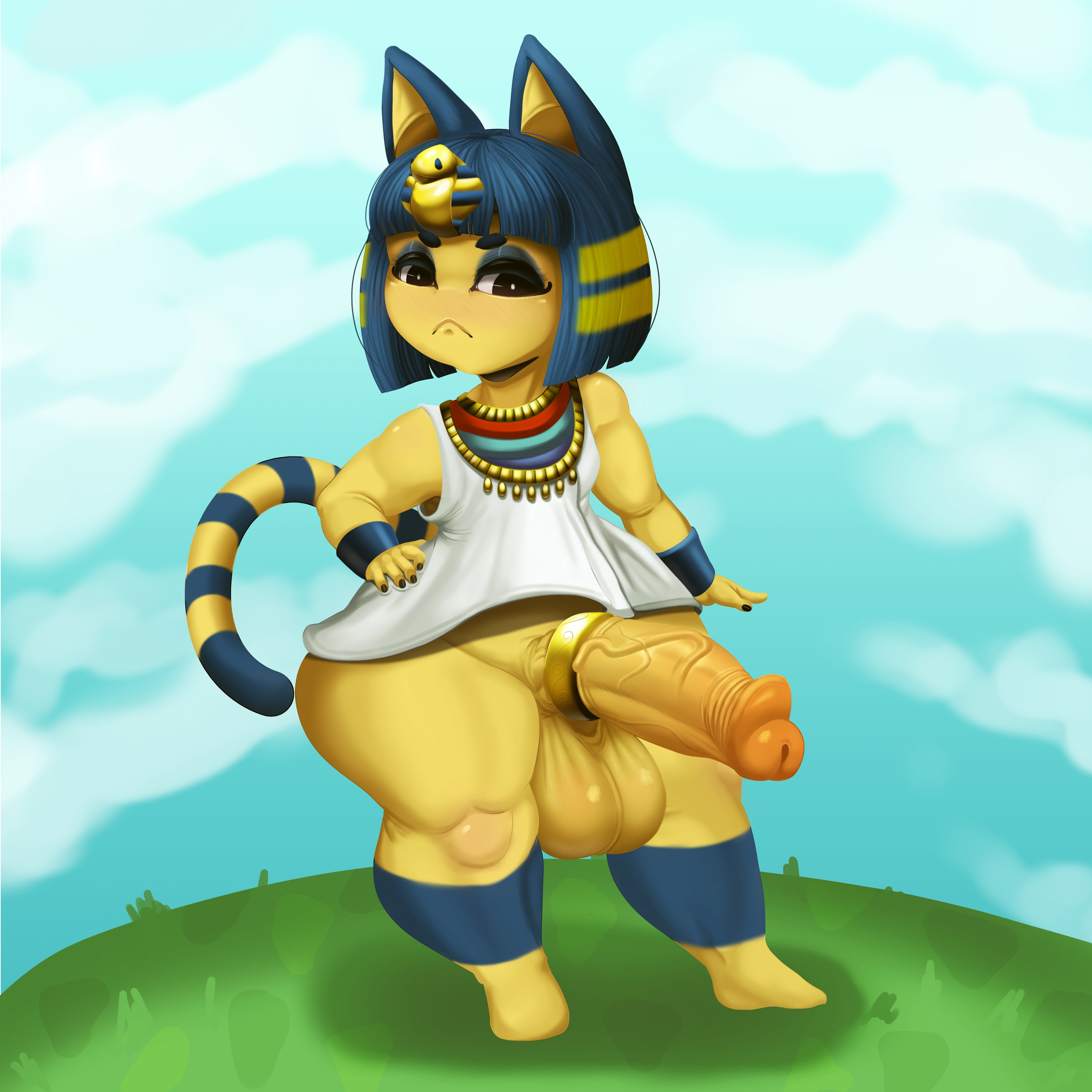 1:1, absurdres, accessory, animal crossing, ankha, anthro, balls, big penis, bottomless, cock ring, domestic cat, dwn000, erection, felid, feline, felis, furry, futanari, genitals, highres, huge cock, humanoid genitalia, humanoid penis, intersex, jewelry, mammal, nintendo, penis, penis accessory, penis jewelry, shortstack, solo, testicles, thick thighs, vein, veiny penis, wide hips