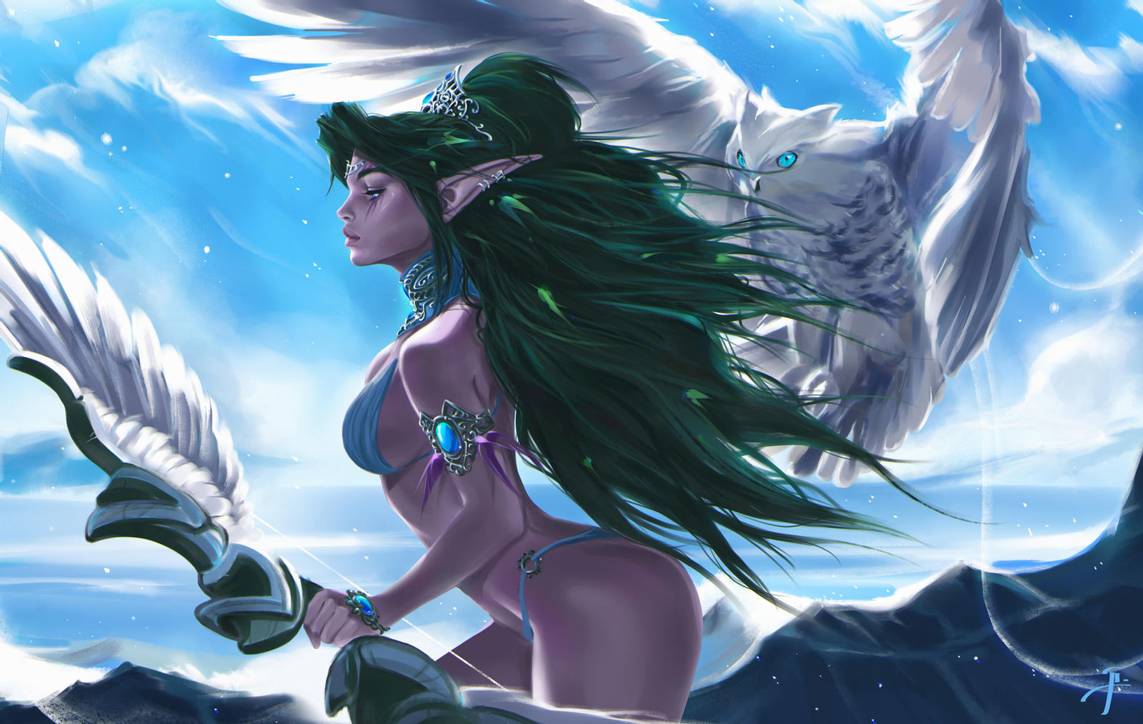 1girls, blue eyes, bow, bra, collar, diadem, earrings, elf, female, female only, gem, green hair, night elf, nonude, owl, pointy ears, taiss14, tattiart, tyrande whisperwind, warcraft, world of warcraft