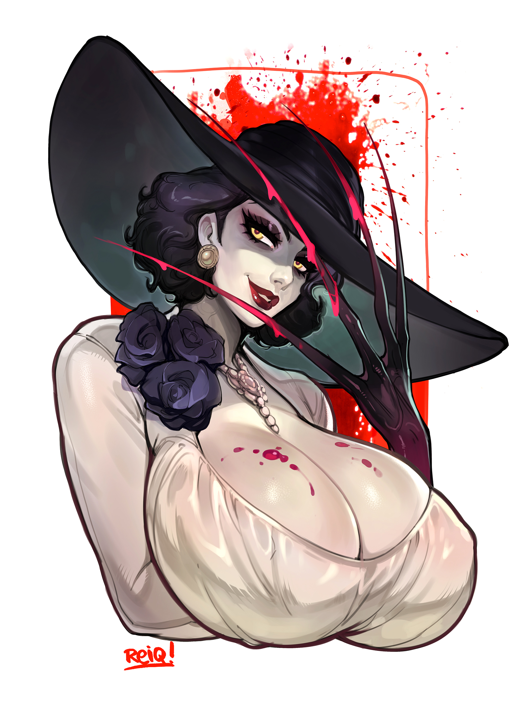 alcina dimitrescu, black hair, blood, breasts, claws, dress, earrings, female, flowers, gold eyes, hat, huge breasts, jewelry, looking at viewer, pendant, reiq, resident evil, resident evil 8: village, solo