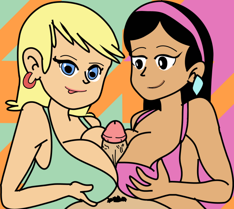 1boy 2girls big_breasts black_eyes black_hair blonde_hair blue_eyes breast_grab busty clothing double_paizuri earrings female frankiidoodle9 huge_breasts jackee_(the_loud_house) large_breasts leni_loud male outercourse paizuri penis pubes pubic_hair smile teamwork the_loud_house threesome