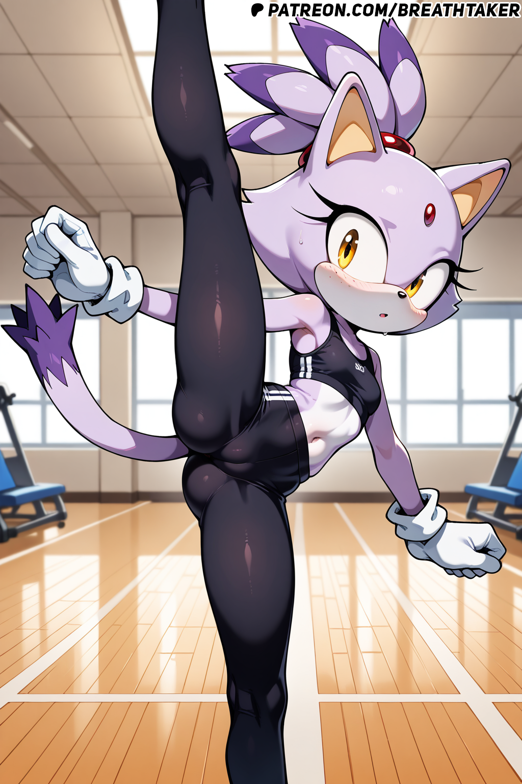 ai_generated blaze_the_cat breathtaker female_only furry furry_female furry_only gym one_leg_up presenting purple_fur purple_hair sonic_(series) sonic_the_hedgehog_(series) sportswear yellow_eyes yoga_pants