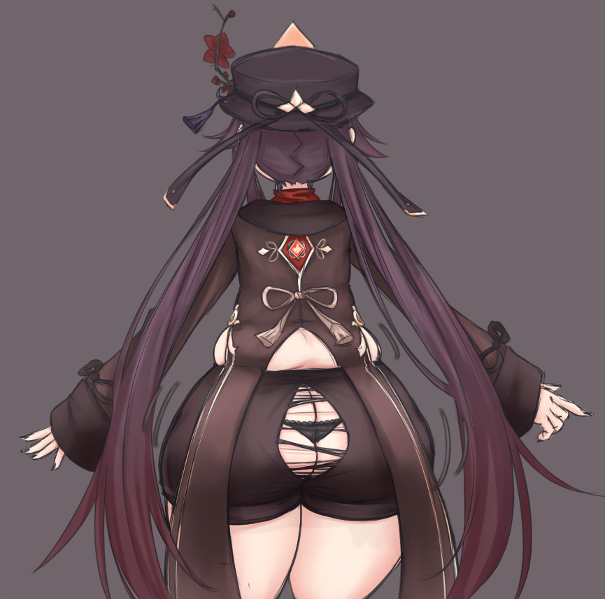 ass ass_cleavage black_panties bursting_butt butt_crack female from_behind genshin_impact hu_tao_(genshin_impact) huge_ass orristerioso panties short_shorts shorts thick_thighs torn_shorts underwear wardrobe_malfunction wide_hips