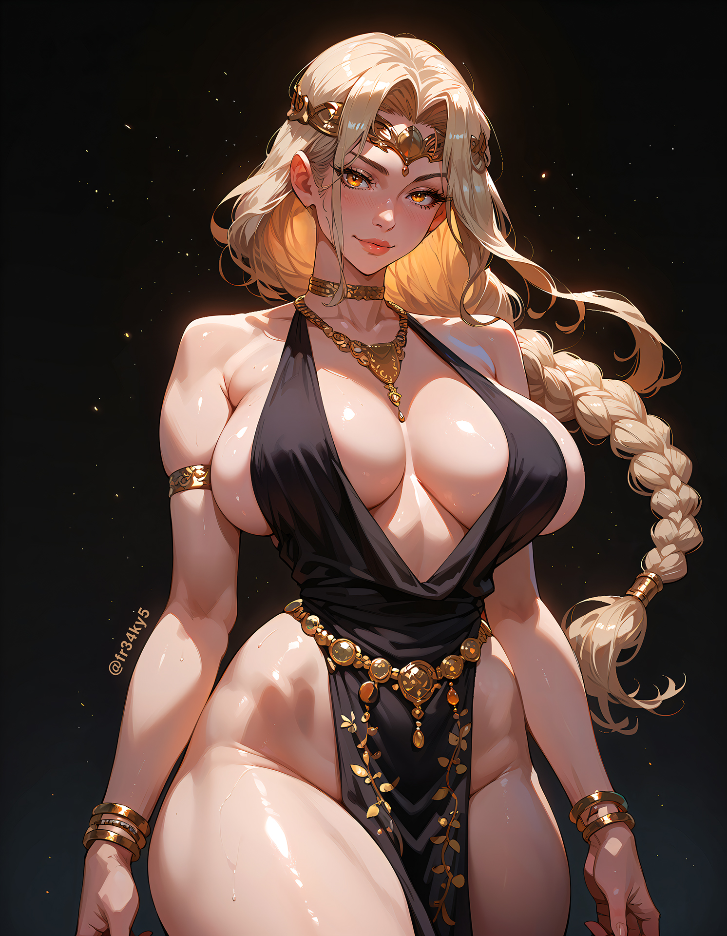 ai generated, blonde hair, breasts, cleavage, elden ring, female, fr34ky, fromsoftware, huge breasts, pelvic curtain, queen marika the eternal, revealing dress