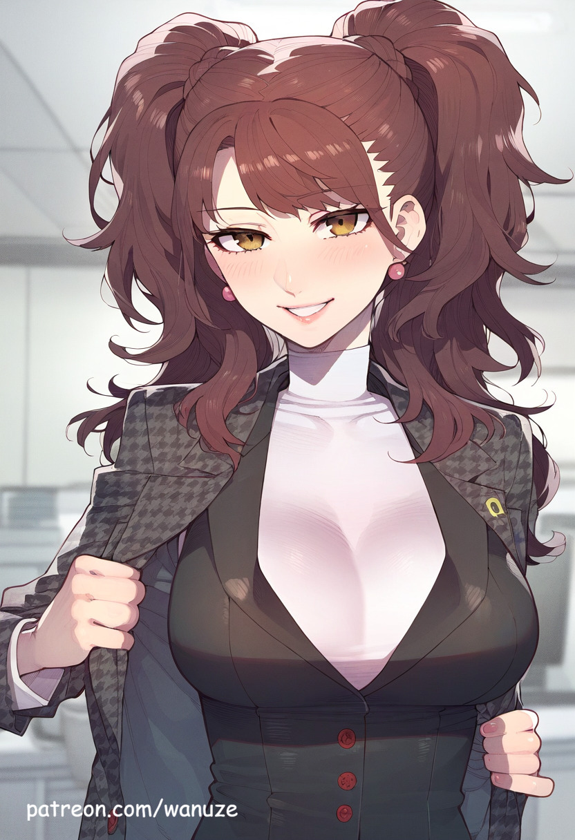 ai_generated big_ass big_breasts big_butt big_thighs blush brown_hair huge_ass huge_breasts huge_butt huge_thighs kujikawa_rise office office_clothing office_lady persona vest wanuze wide_hips yellow_eyes