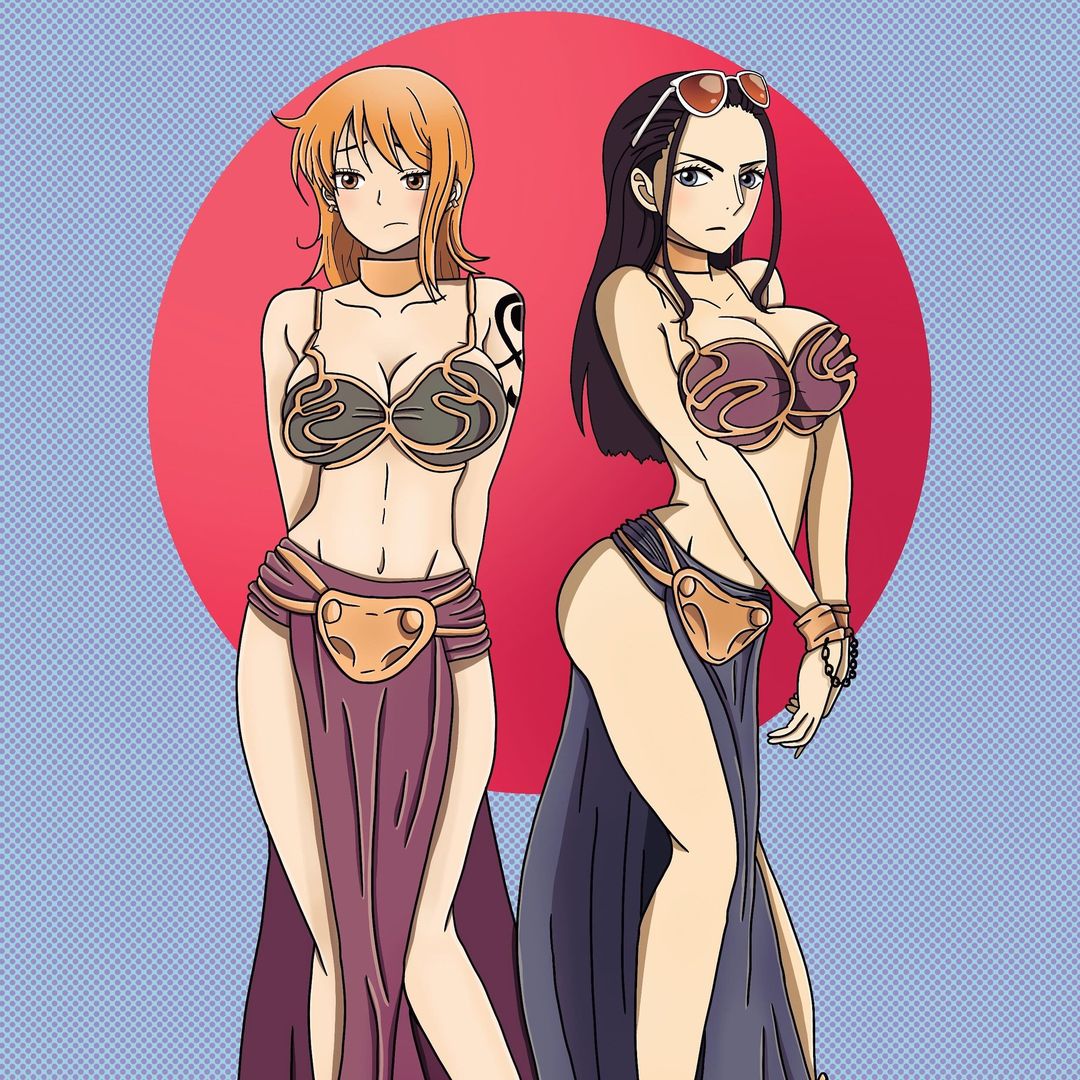 2girls bare_arms bare_legs bare_midriff bare_shoulders bare_thighs belly_button big_breasts bikini bikini_top black_hair black_tattoo blue_background blue_loincloth blush bra brown_bikini brown_bikini_top brown_bra brown_eyes celestial_dragon chained chained_cuffs chained_up chained_wrists chains cleavage collar crossover crossover_cosplay cuffs earrings female female_only ginger ginger_hair gold_(metal) gold_chain gold_chains gold_collar gold_earrings gold_jewelry golden_chain golden_chains golden_collar golden_earrings gray_eyes handcuffed handcuffs light-skinned_female light_skin loincloth long_hair metal_collar midriff multiple_girls nami nami_(one_piece) navel nico_robin one_piece only_girl overboob red_loincloth sideass slave slave_bikini slave_collar slave_leia slave_leia_(cosplay) slave_outfit slavegirl star_wars sunglasses sunglasses_on_head tattoo tattoo_on_arm tattooed_arm the_human_shop thick_thighs