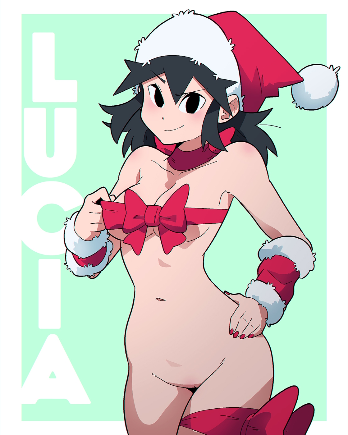 1girls, bottomless, christmas, cleavage, female, hand on hip, hourglass figure, lucia (scott malin), navel, nude, nude female, original, ribbon, ribbon bra, santa hat, scott malin, tagme