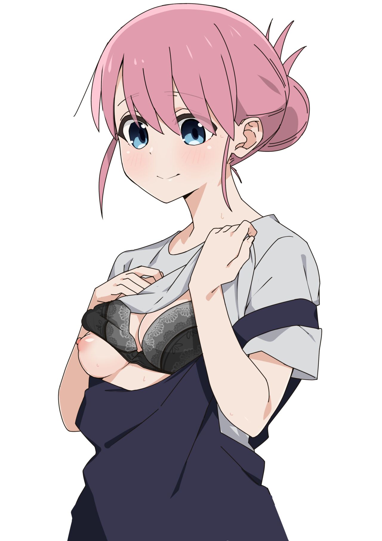 1girls big_breasts black_bra blue_eyes blush bocchi_the_rock! bra_lift female_focus female_only flashing_breasts gotou_michiyo grey_shirt hair_up hands_above_breasts large_breasts mature mature_female milf morisobo one_breast_out pink_hair shirt_lift smile undressing white_background